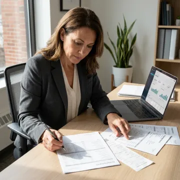 Small business owner reviewing organized bookkeeping reports