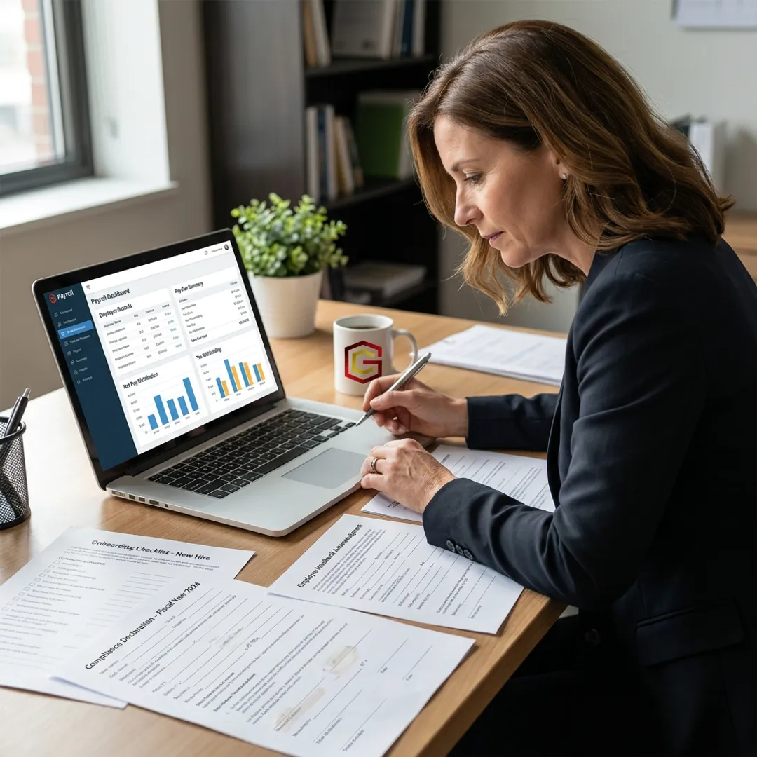 Payroll consultant reviewing employee records and payroll software