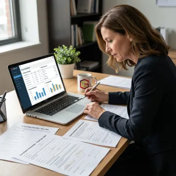 Payroll consultant reviewing employee records and payroll software