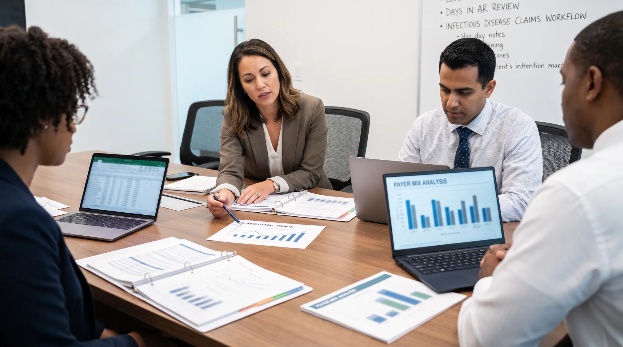 Revenue cycle analysts reviewing infectious disease claims and payment data
