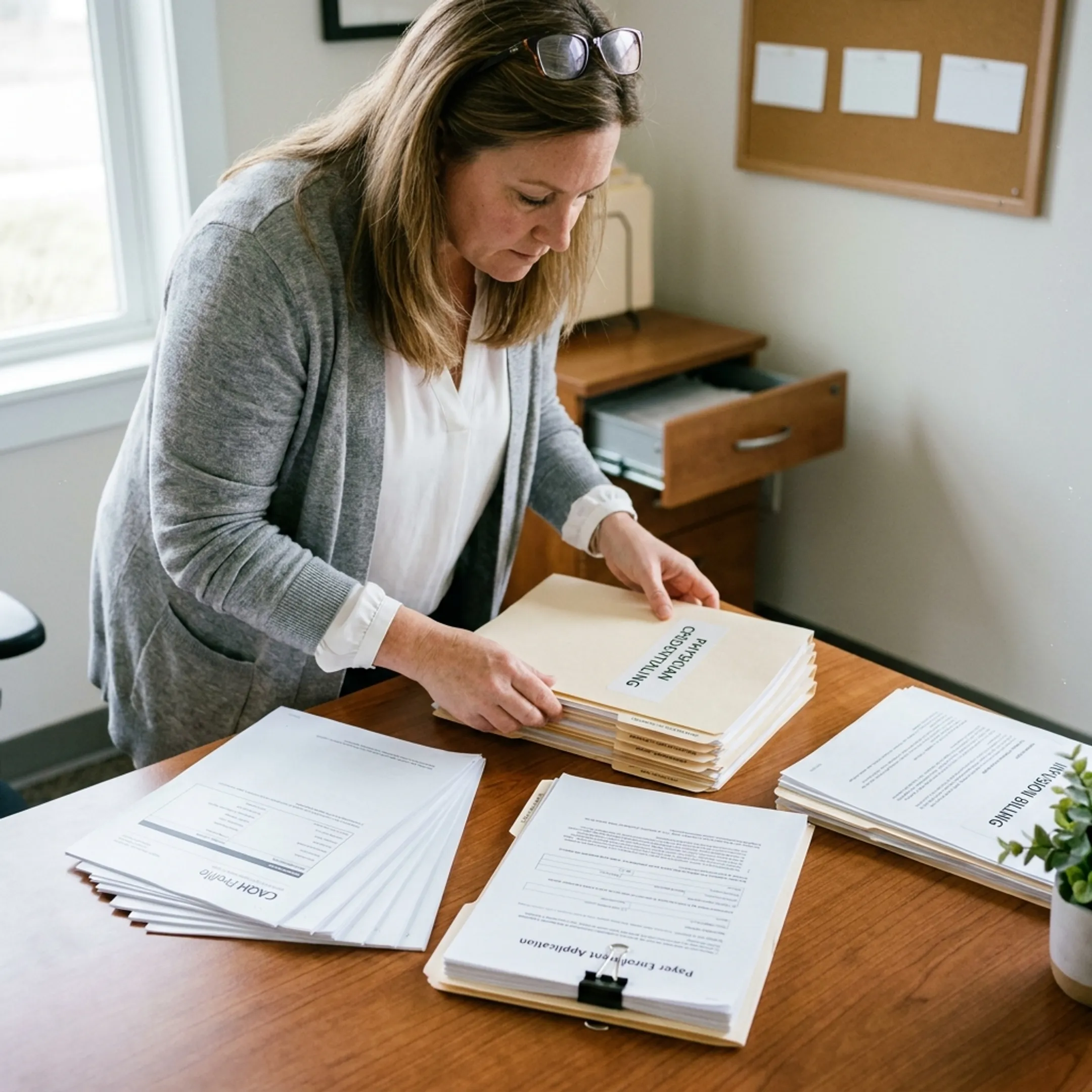 Practice administrator organizing infectious disease credentialing records