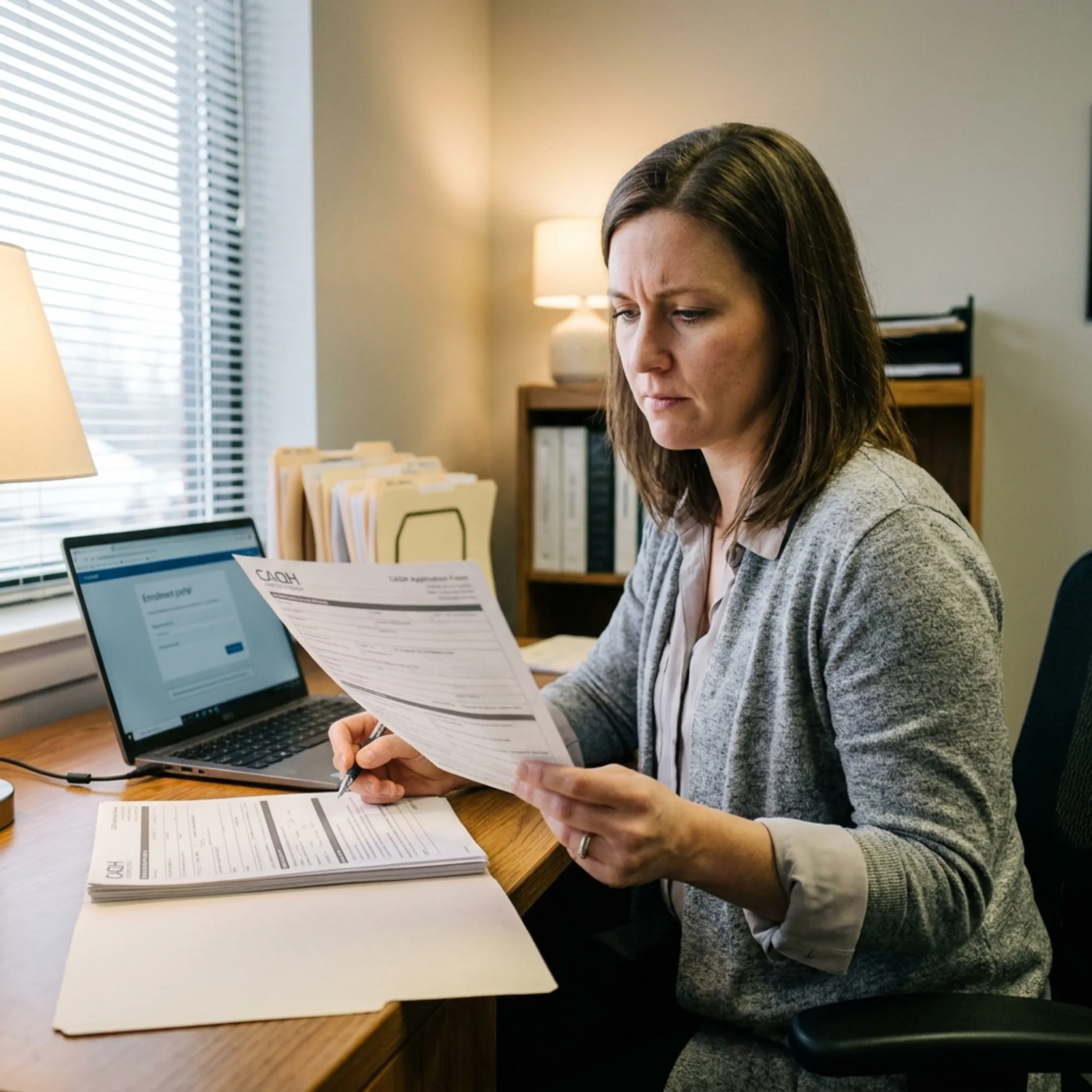 Credentialing specialist reviewing payer enrollment documents for an infectious disease practice