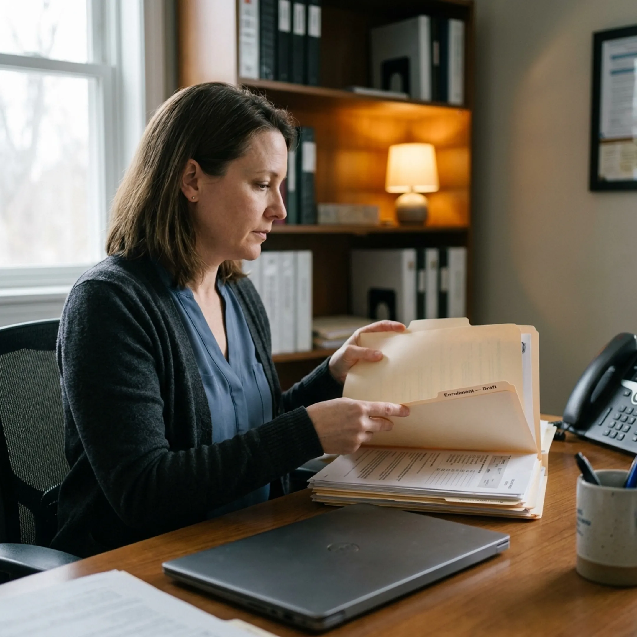 Healthcare administrator organizing credentialing records for physicians and infusion services