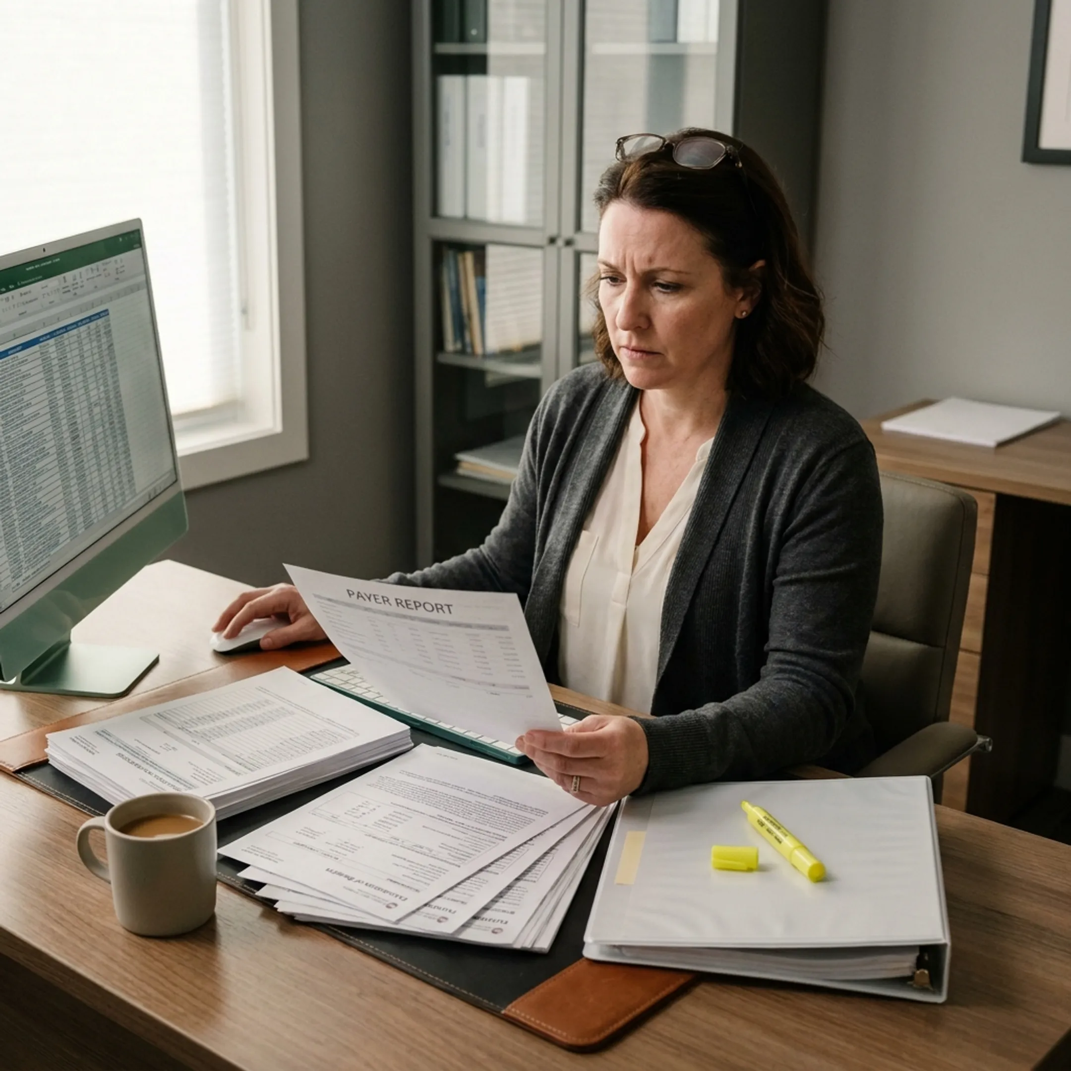 Medical billing specialist reviewing infectious disease claims and infusion revenue-cycle reports
