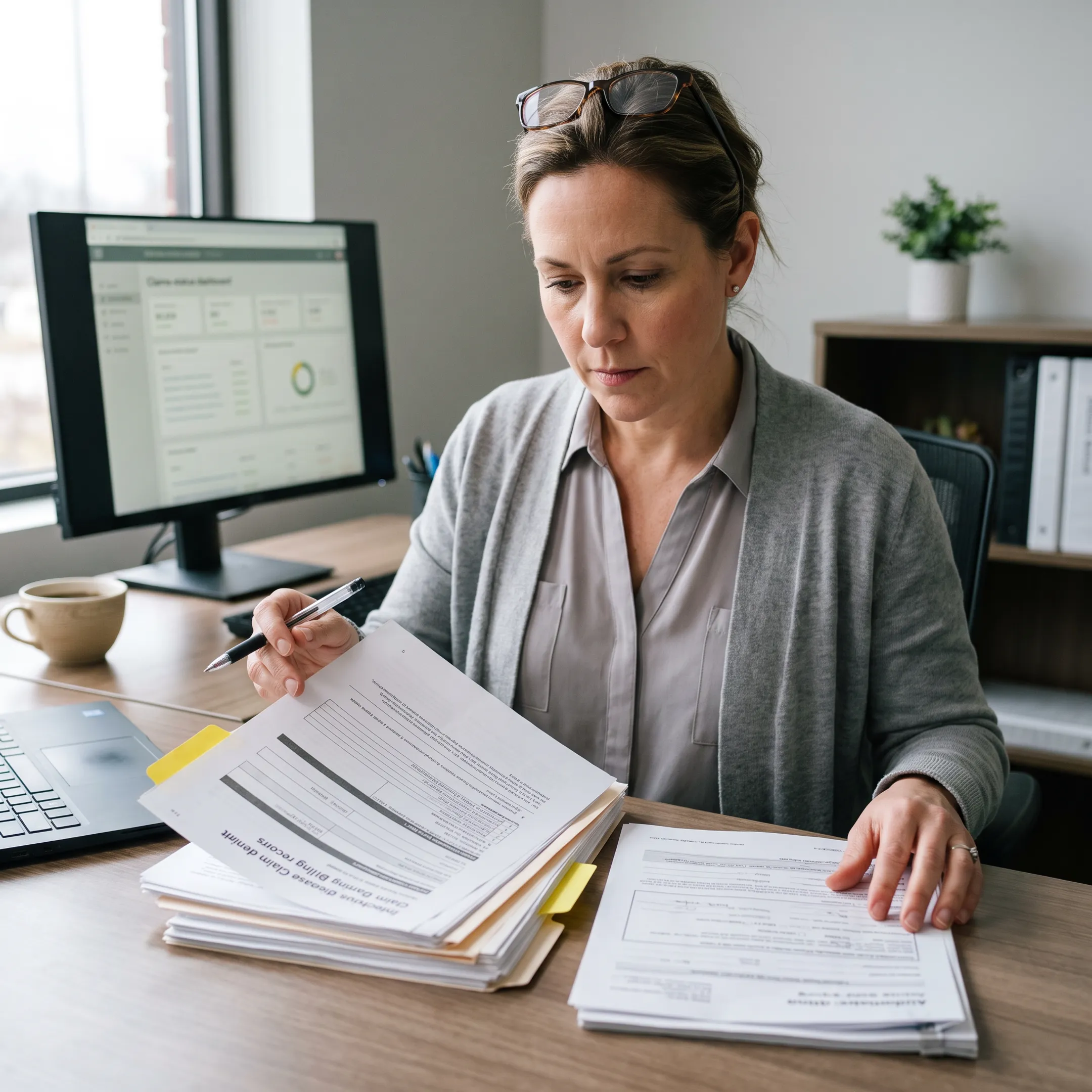 Revenue cycle specialist reviewing infectious disease claim denial reports and infusion billing records