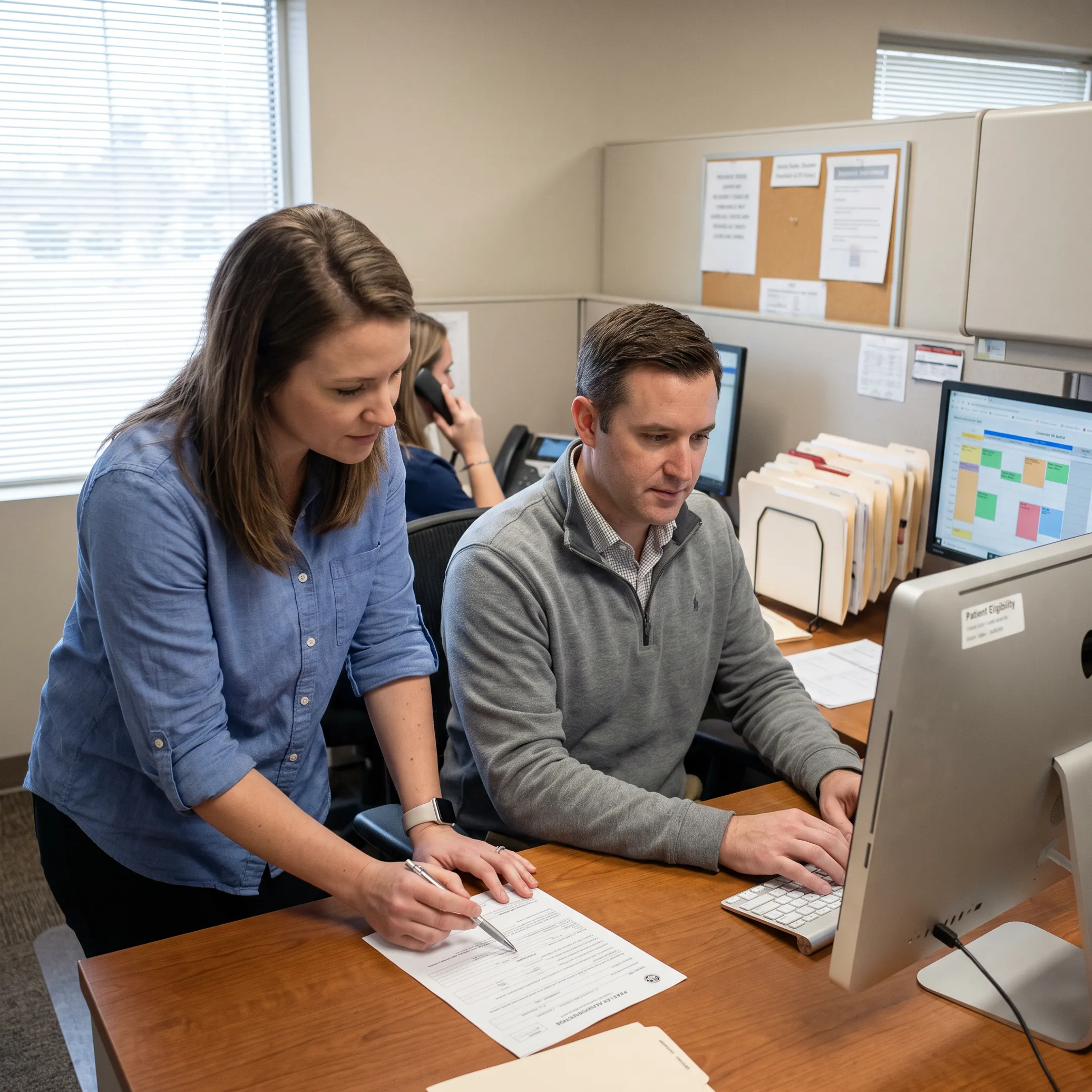 Infectious disease practice team coordinating authorization documents for an infusion treatment