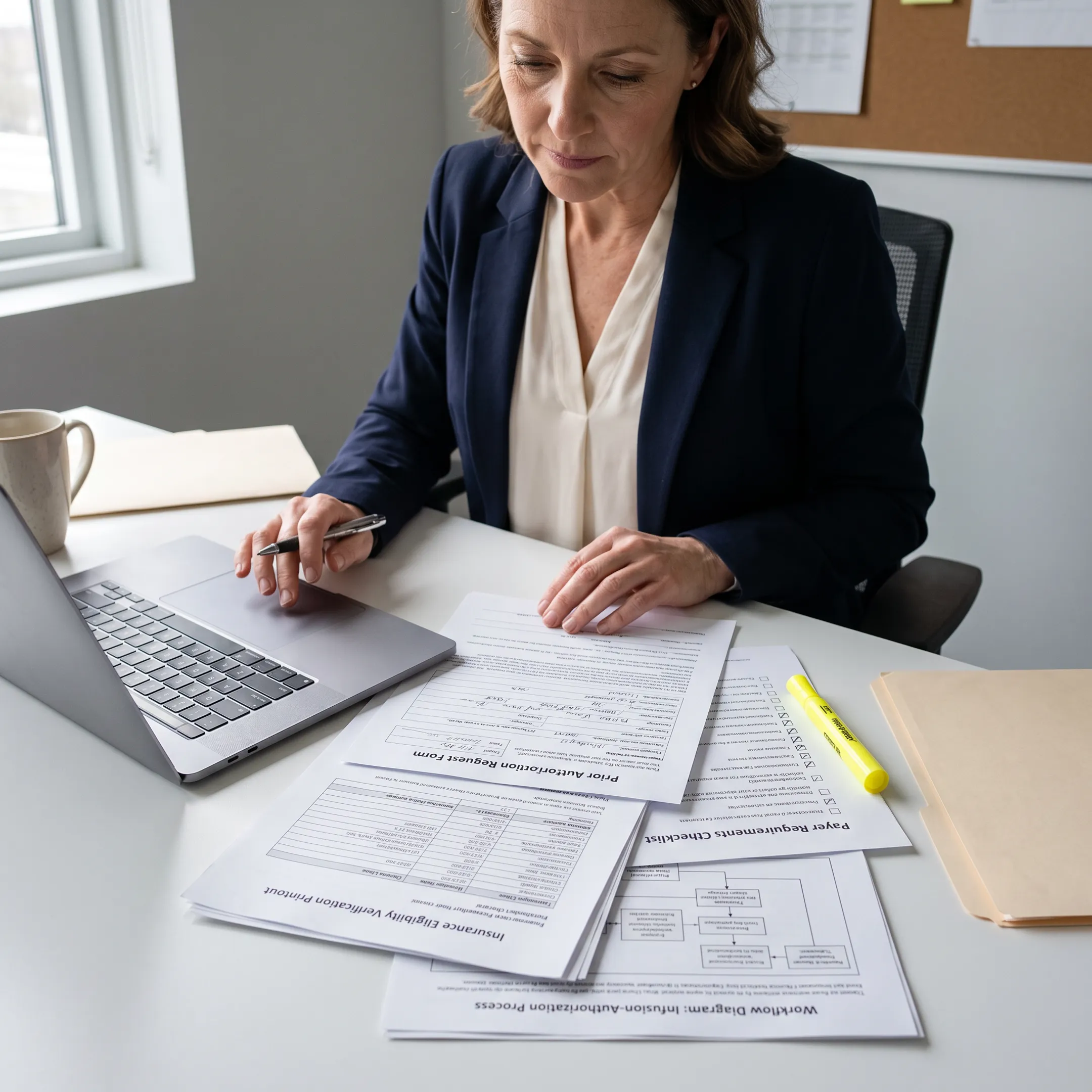 Healthcare administrator reviewing an infusion prior authorization workflow with payer documents