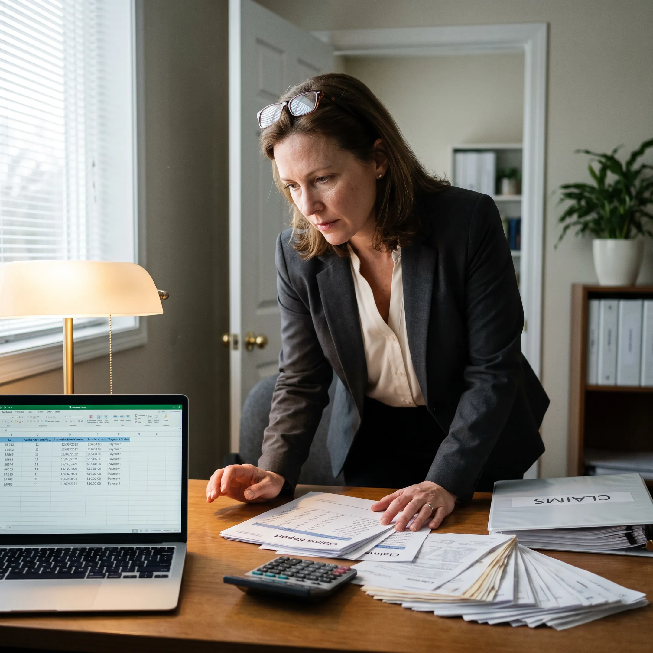 Infectious disease practice administrator reviewing infusion revenue cycle reports