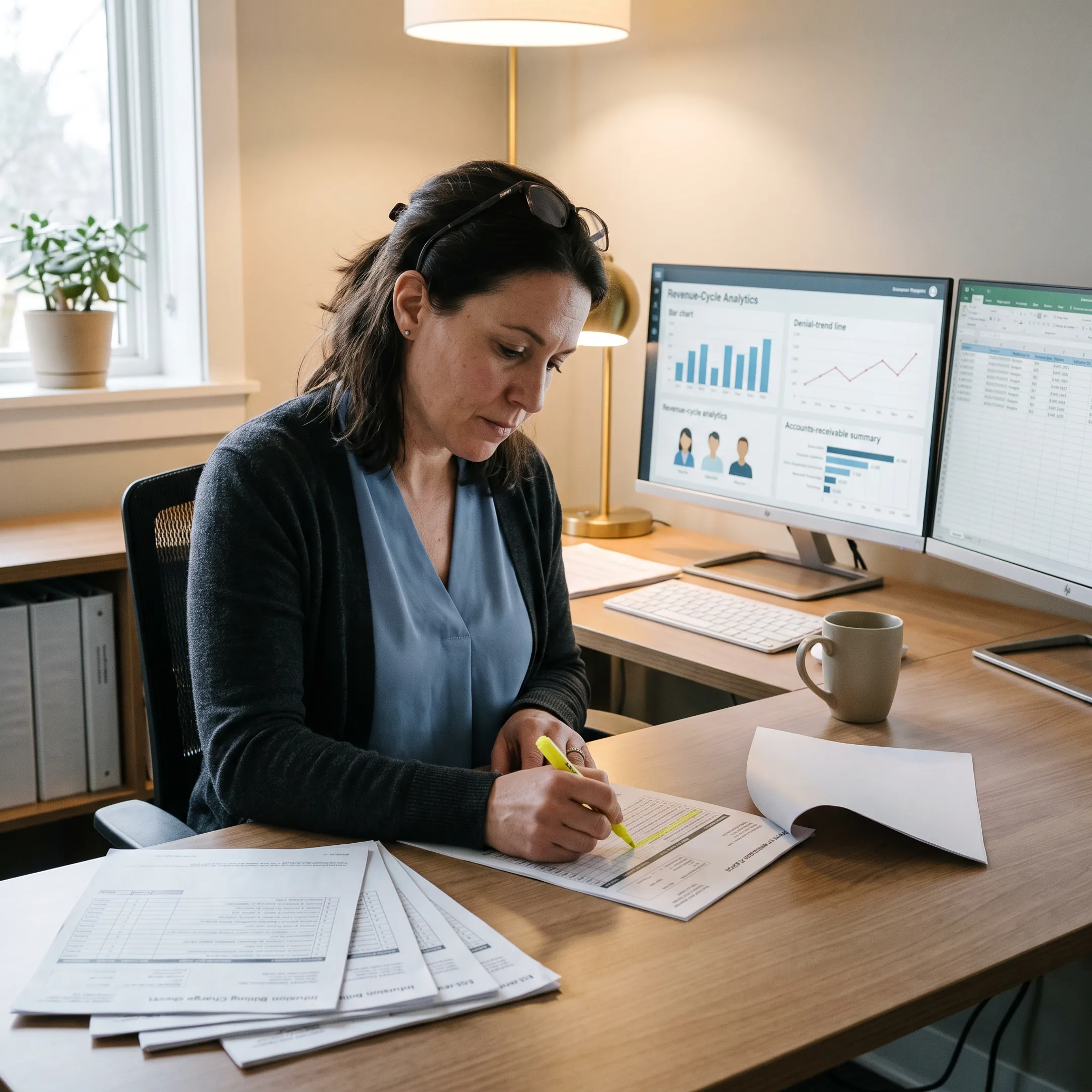 Medical billing specialist reviewing infectious disease practice claims and revenue cycle reports