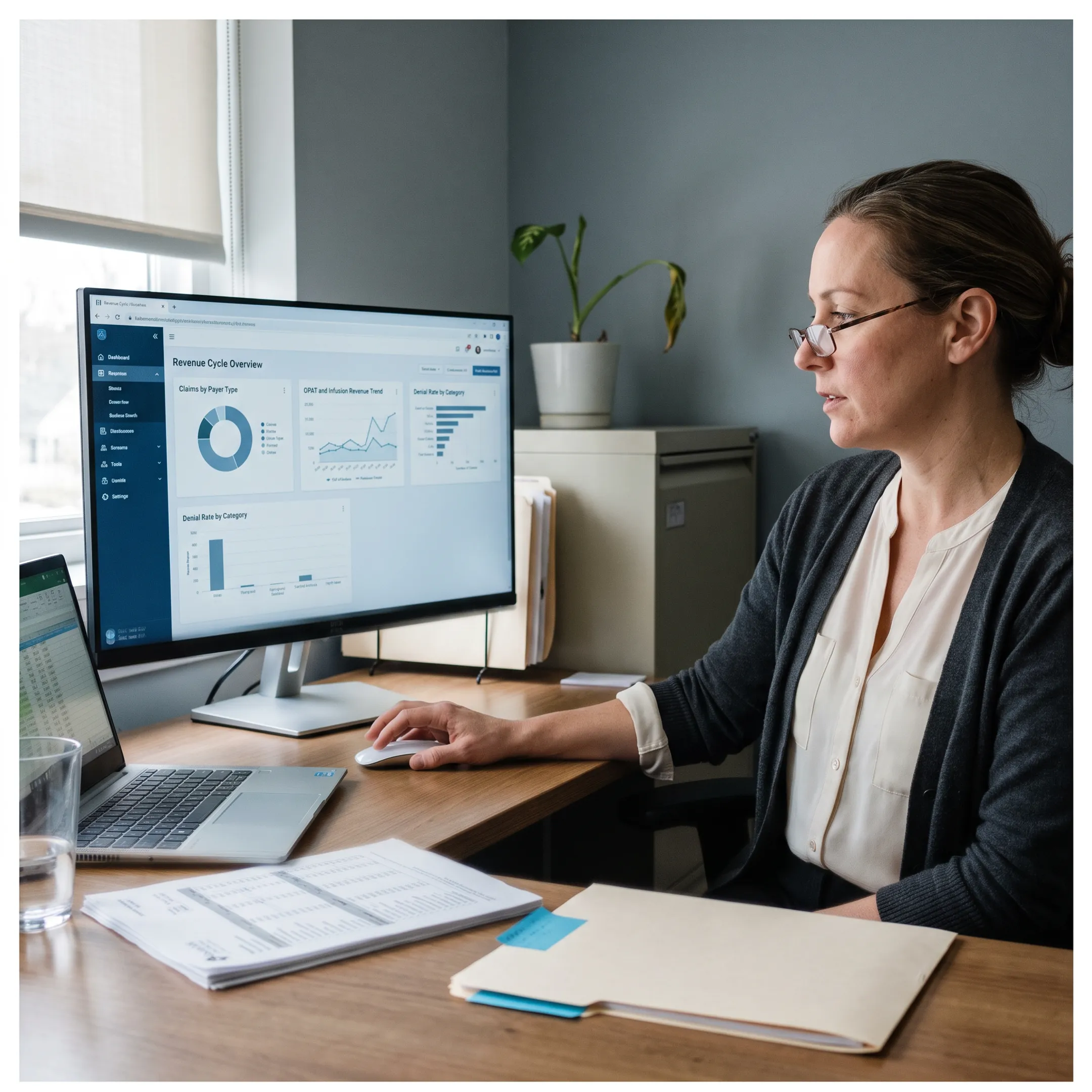 Infectious disease practice administrator analyzing billing and infusion revenue cycle data