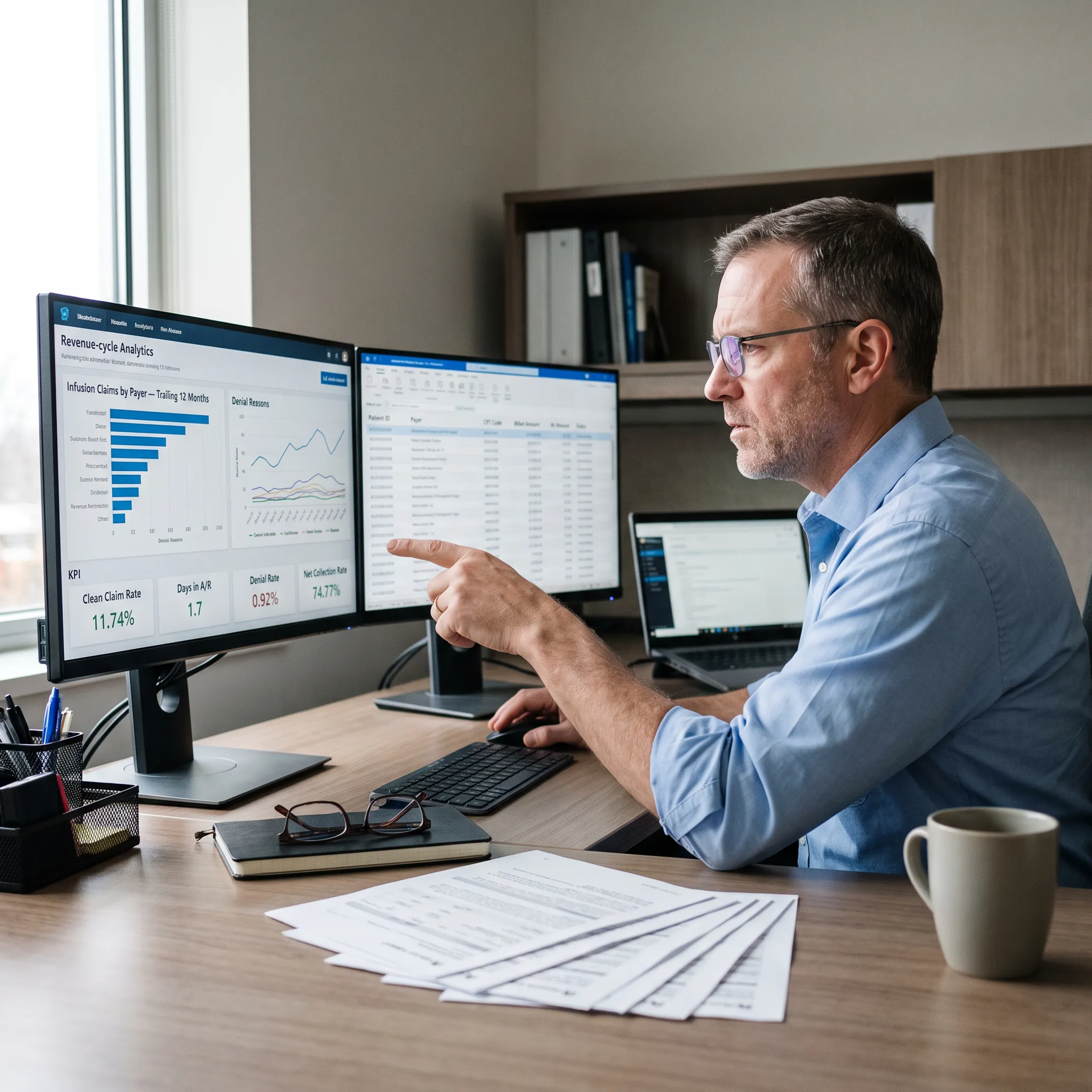 ID practice leader analyzing claims, payer trends, and infusion billing information