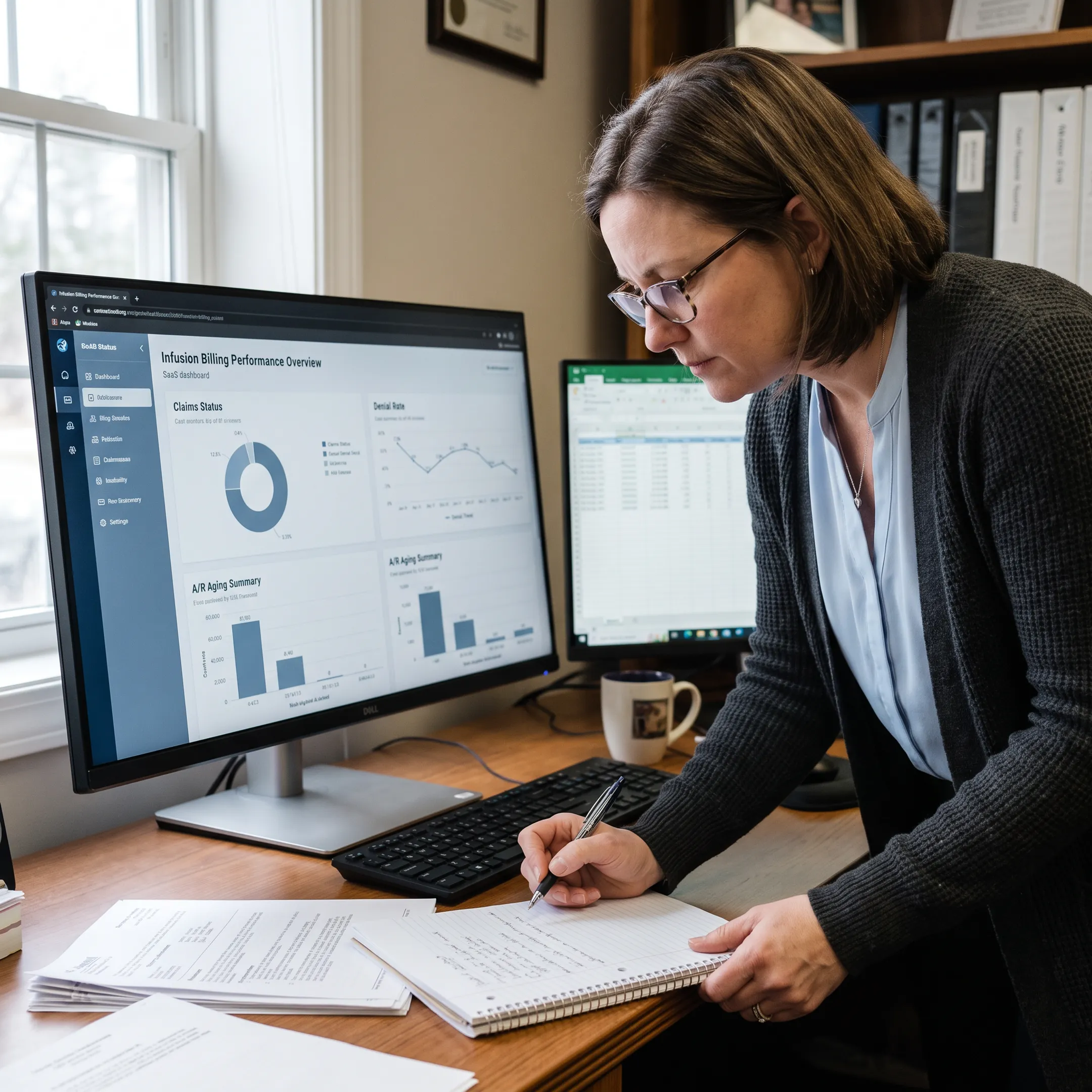 Infectious disease practice administrator analyzing billing workflow and payer reimbursement