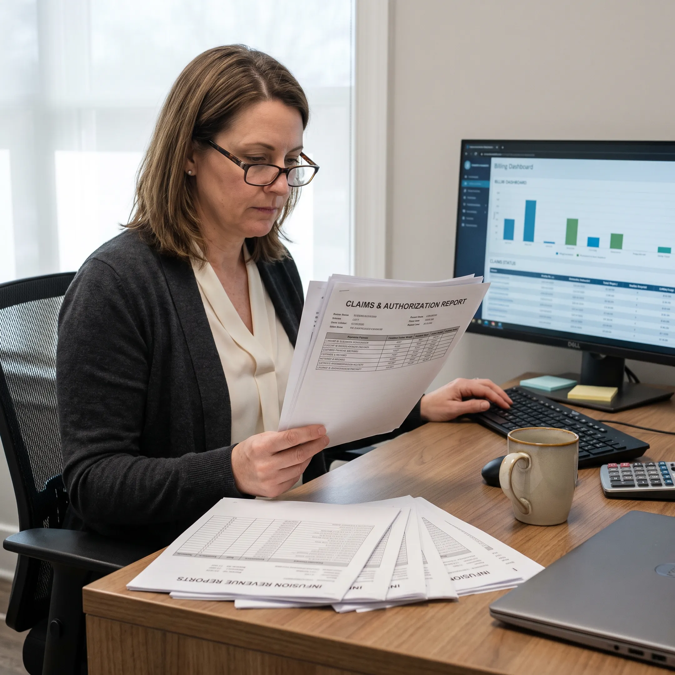 Infectious disease practice administrator reviewing billing and infusion revenue data