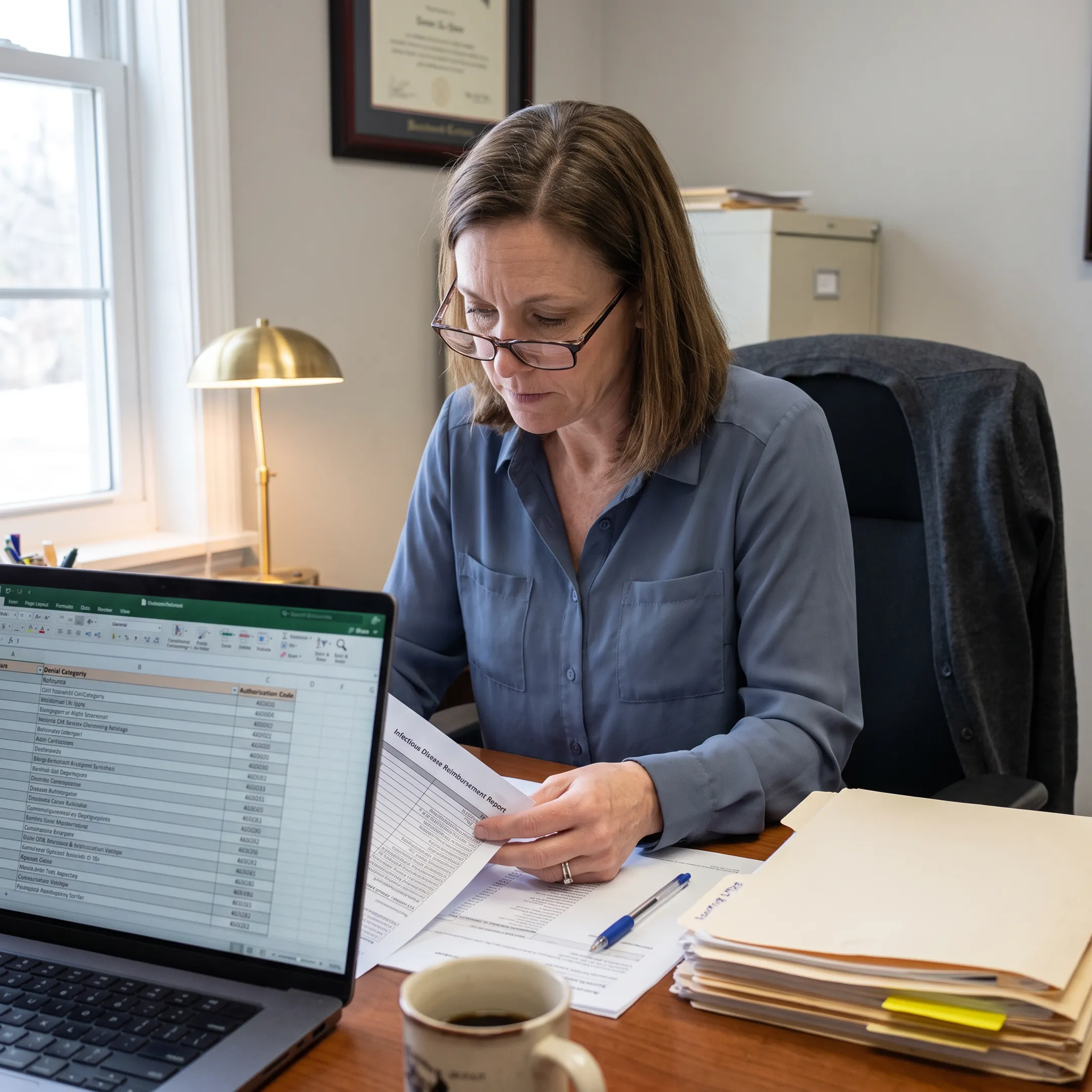 Infectious disease practice administrator analyzing billing and reimbursement data