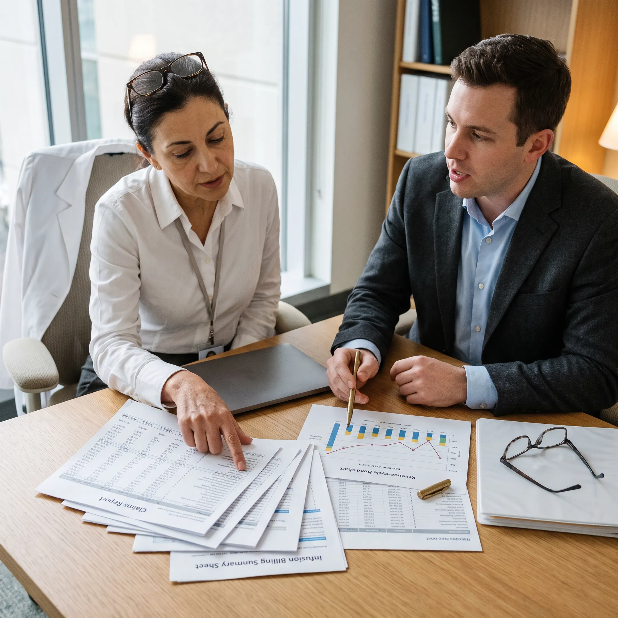Consultant reviewing infectious disease practice billing reports with a physician administrator