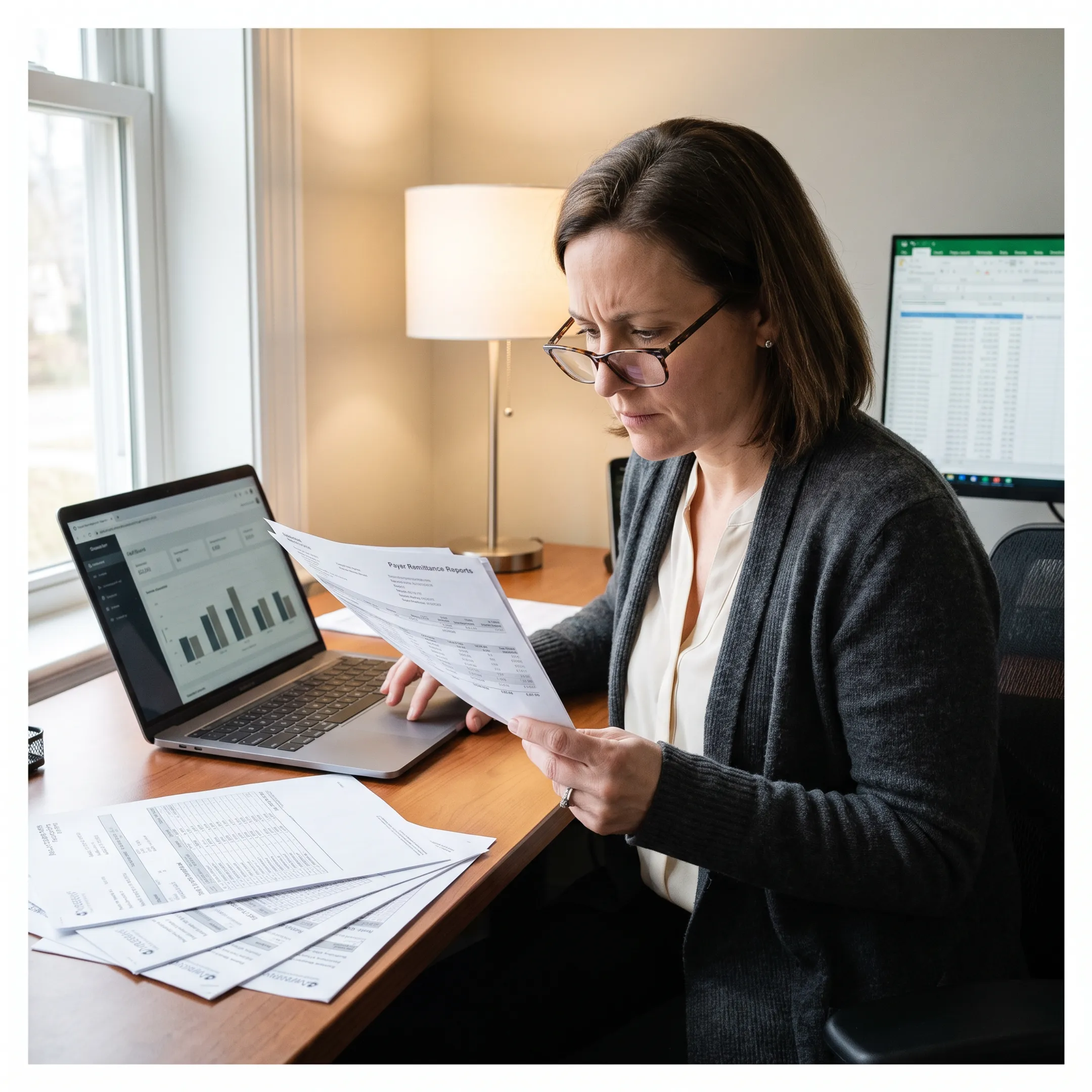 Medical billing specialist reviewing infectious disease practice claims and revenue reports