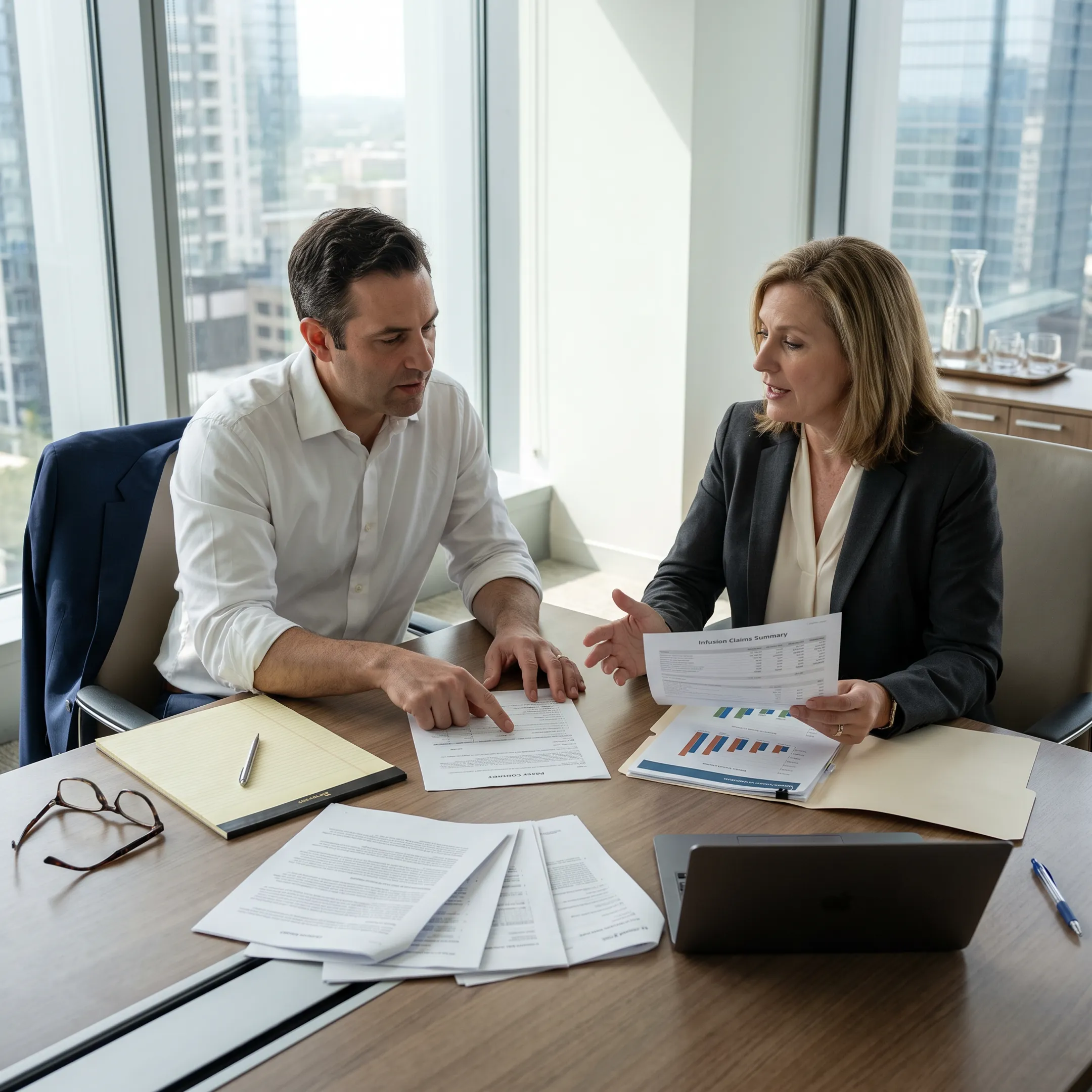 Infectious disease practice team examining reimbursement workflow and payment reports