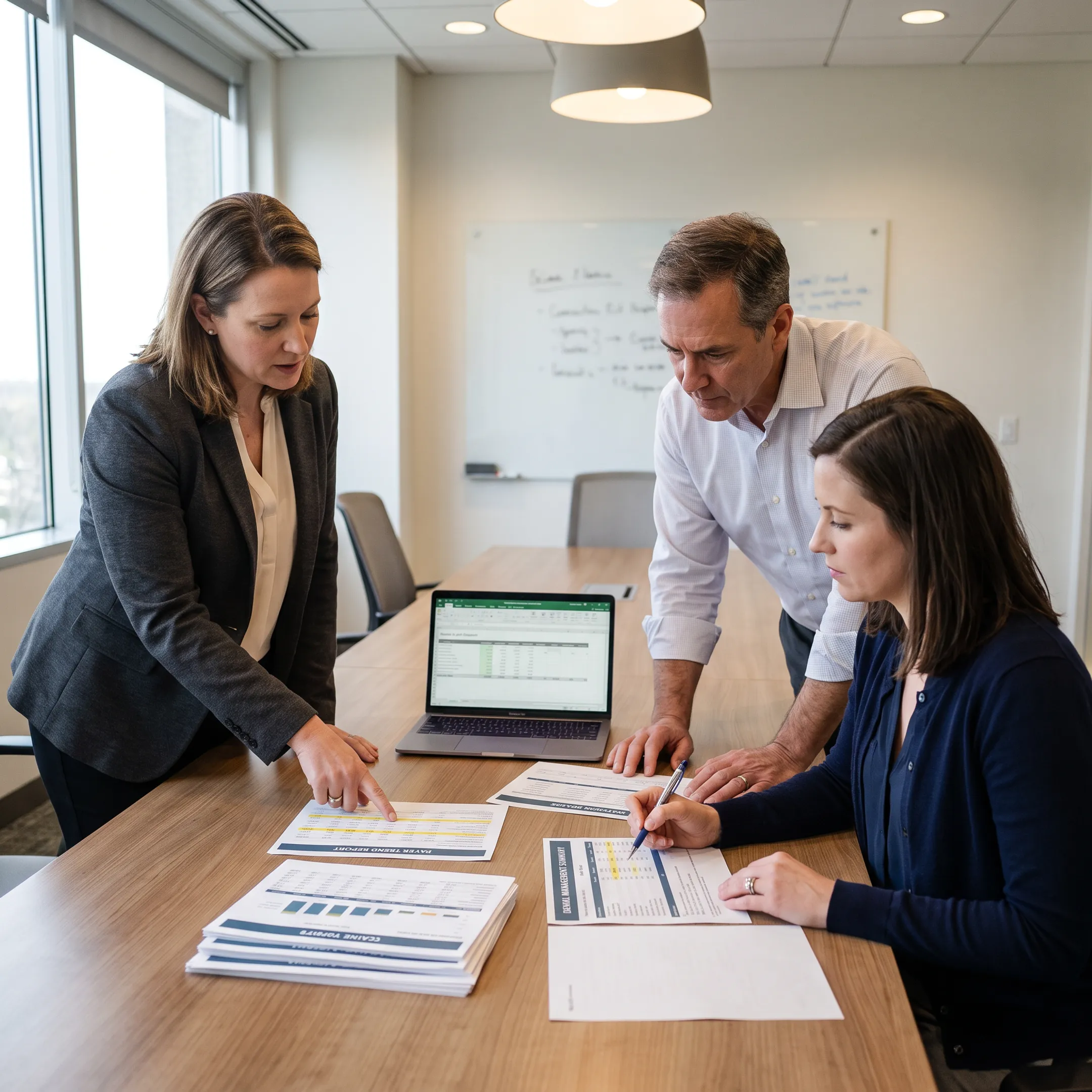 Consultant reviewing infectious disease practice reimbursement reports with a physician administrator