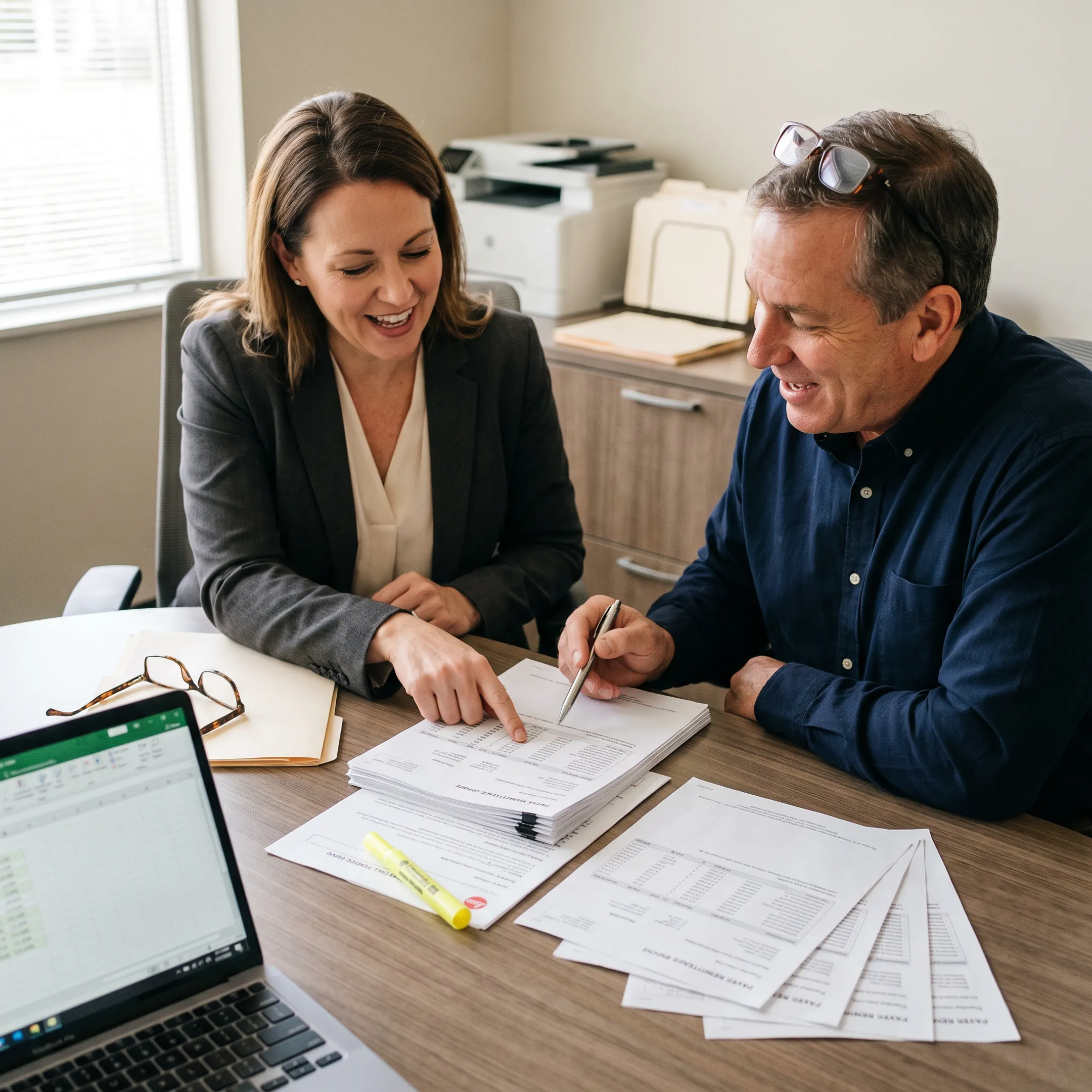 Consultant reviewing infectious disease practice revenue cycle reports with a medical administrator