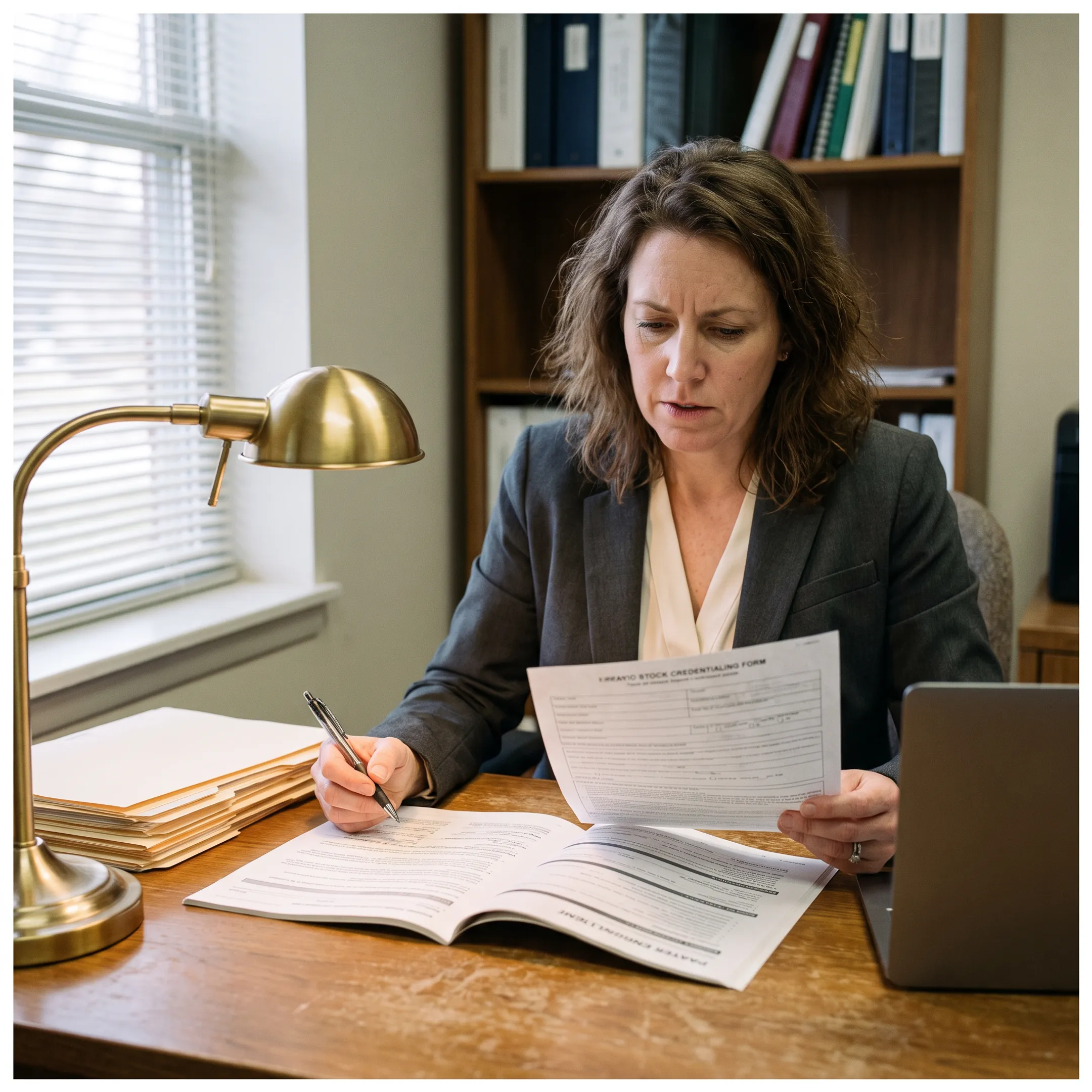 Infectious disease practice administrator reviewing payer enrollment documents