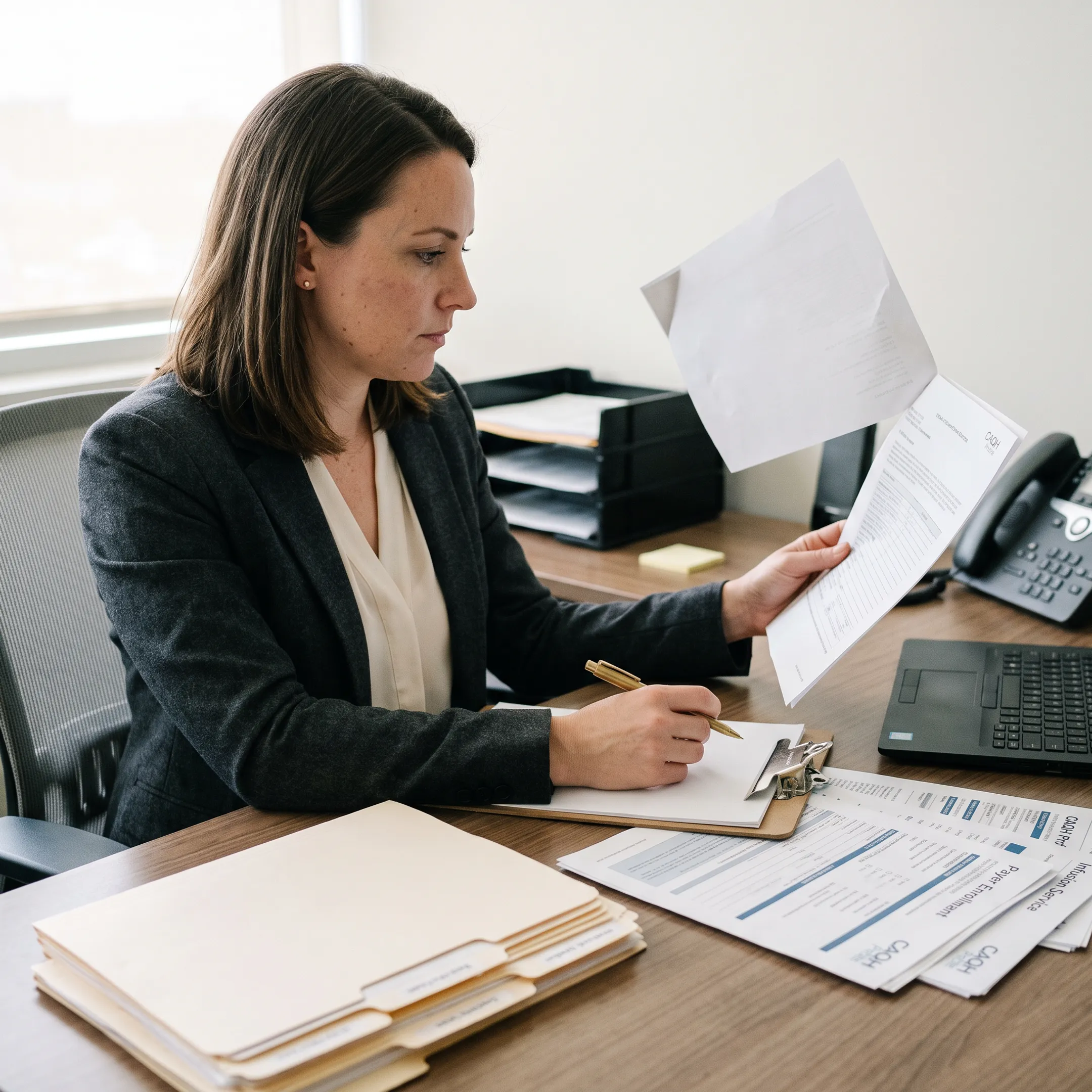 Specialist reviewing payer enrollment and credentialing records