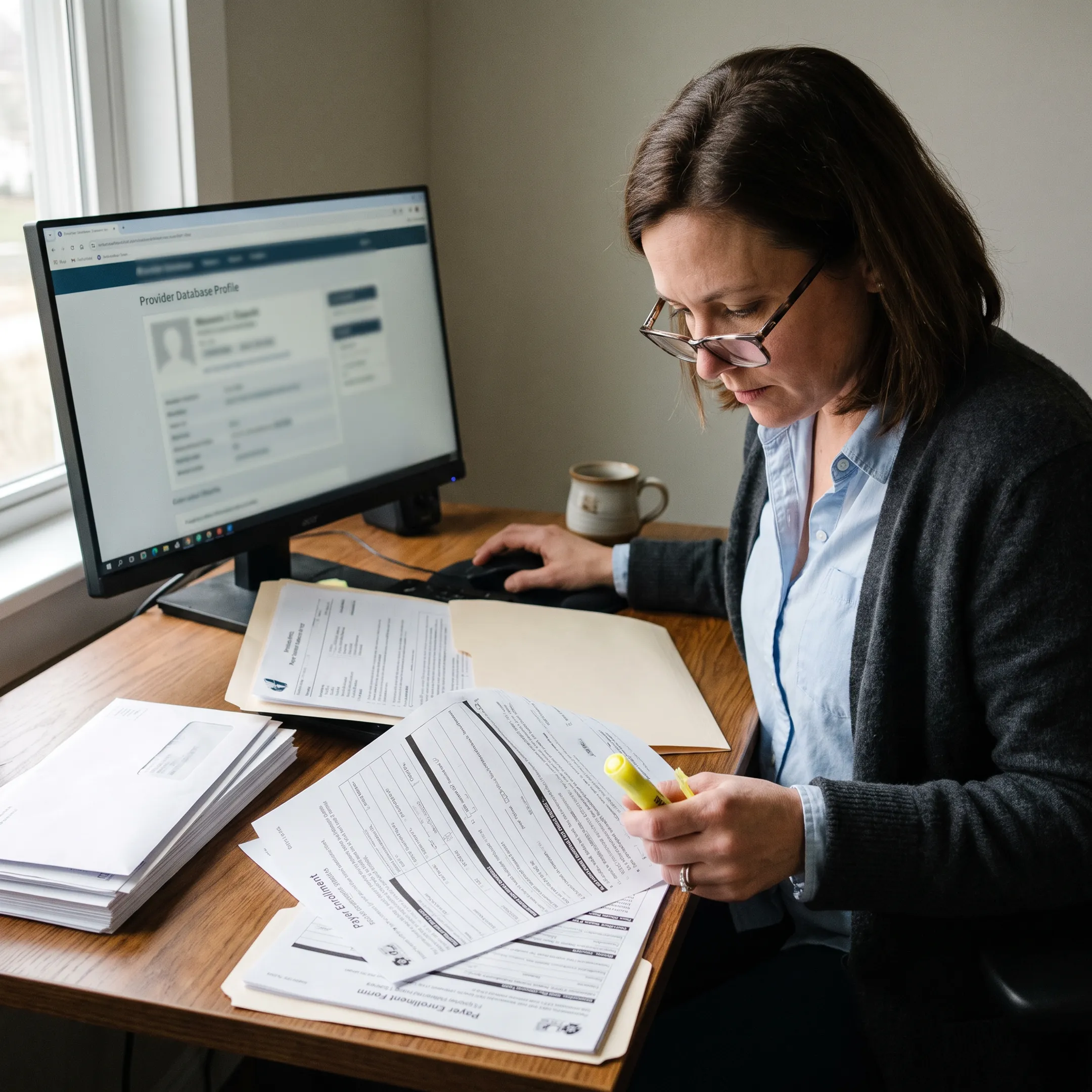 Infectious disease credentialing specialist reviewing payer enrollment documents