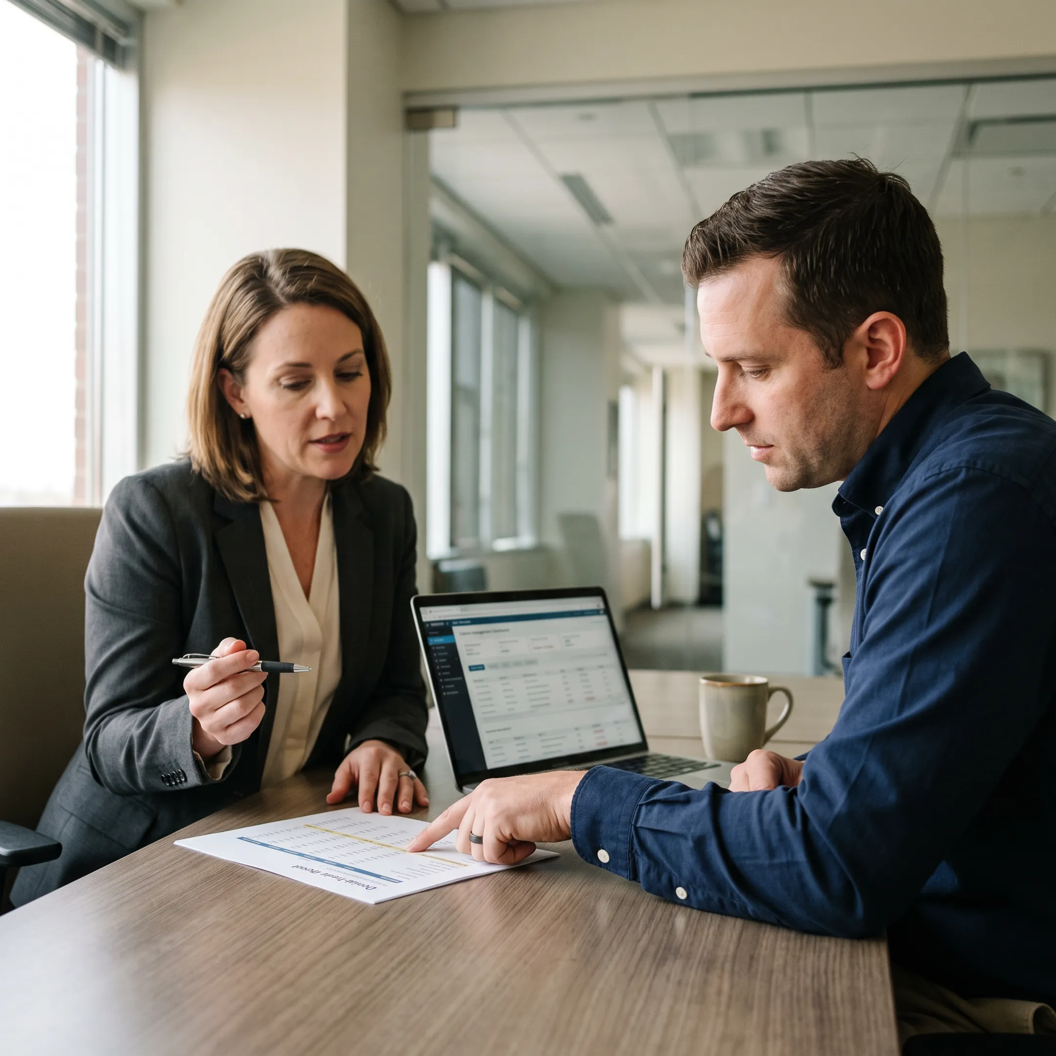 Consultant reviewing infectious disease practice revenue cycle reports with a physician administrator