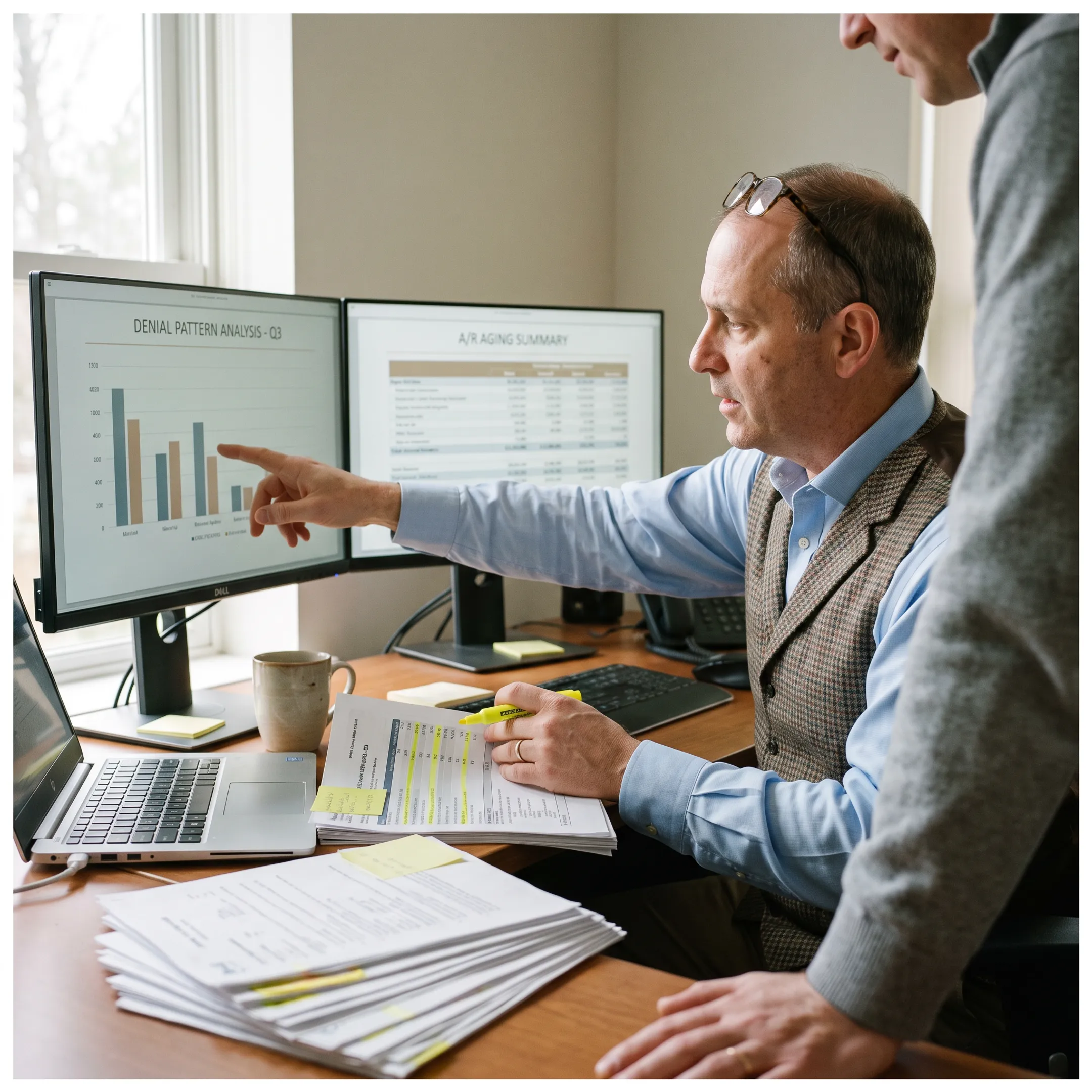 Specialist analyzing infectious disease practice revenue cycle and payment trends