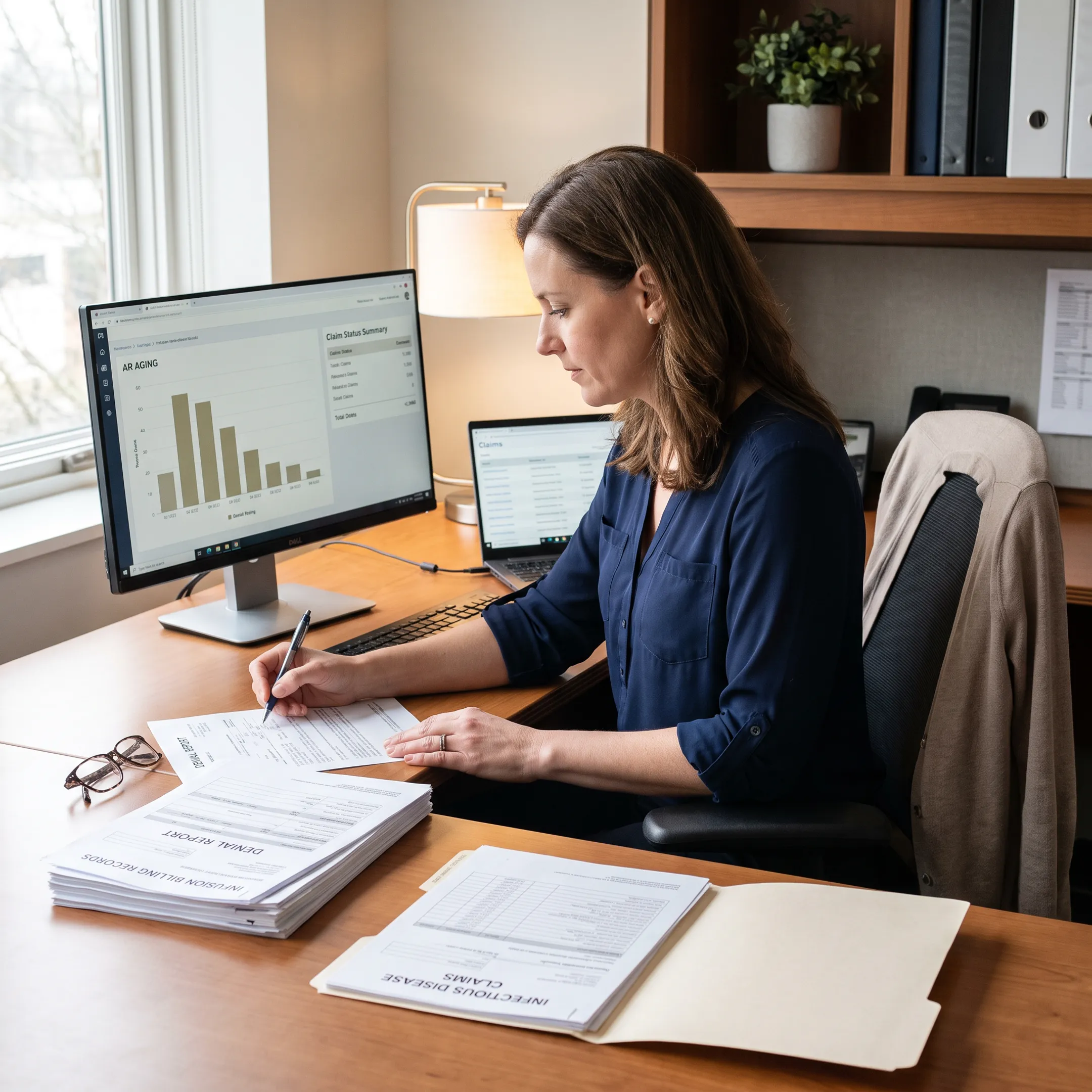 Revenue cycle specialist reviewing infectious disease practice claims and aging accounts receivable reports