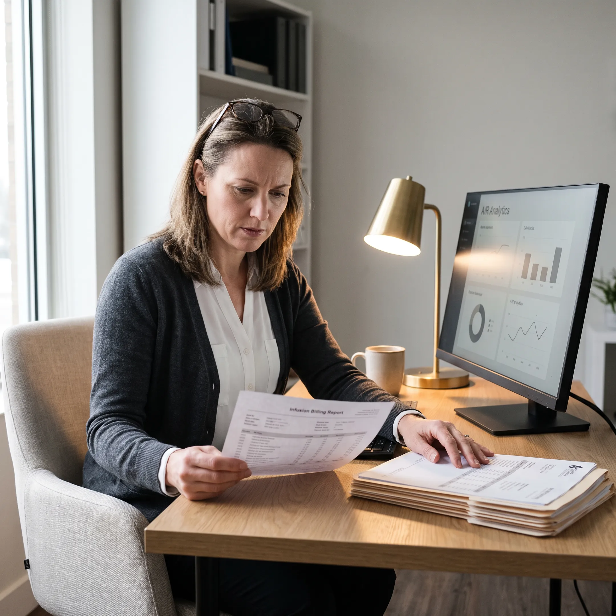 Specialist reviewing infectious disease medical claims and revenue cycle reports