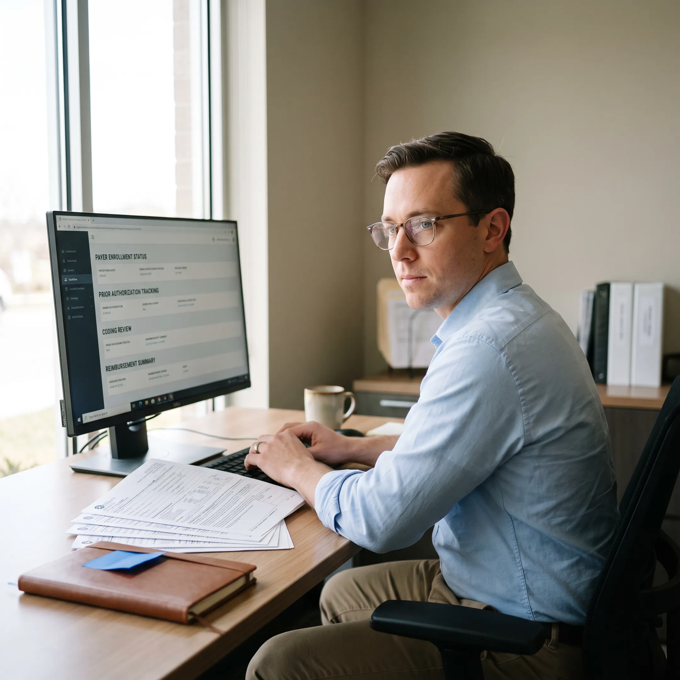 Specialist reviewing infectious disease payer enrollment and revenue-cycle workflow