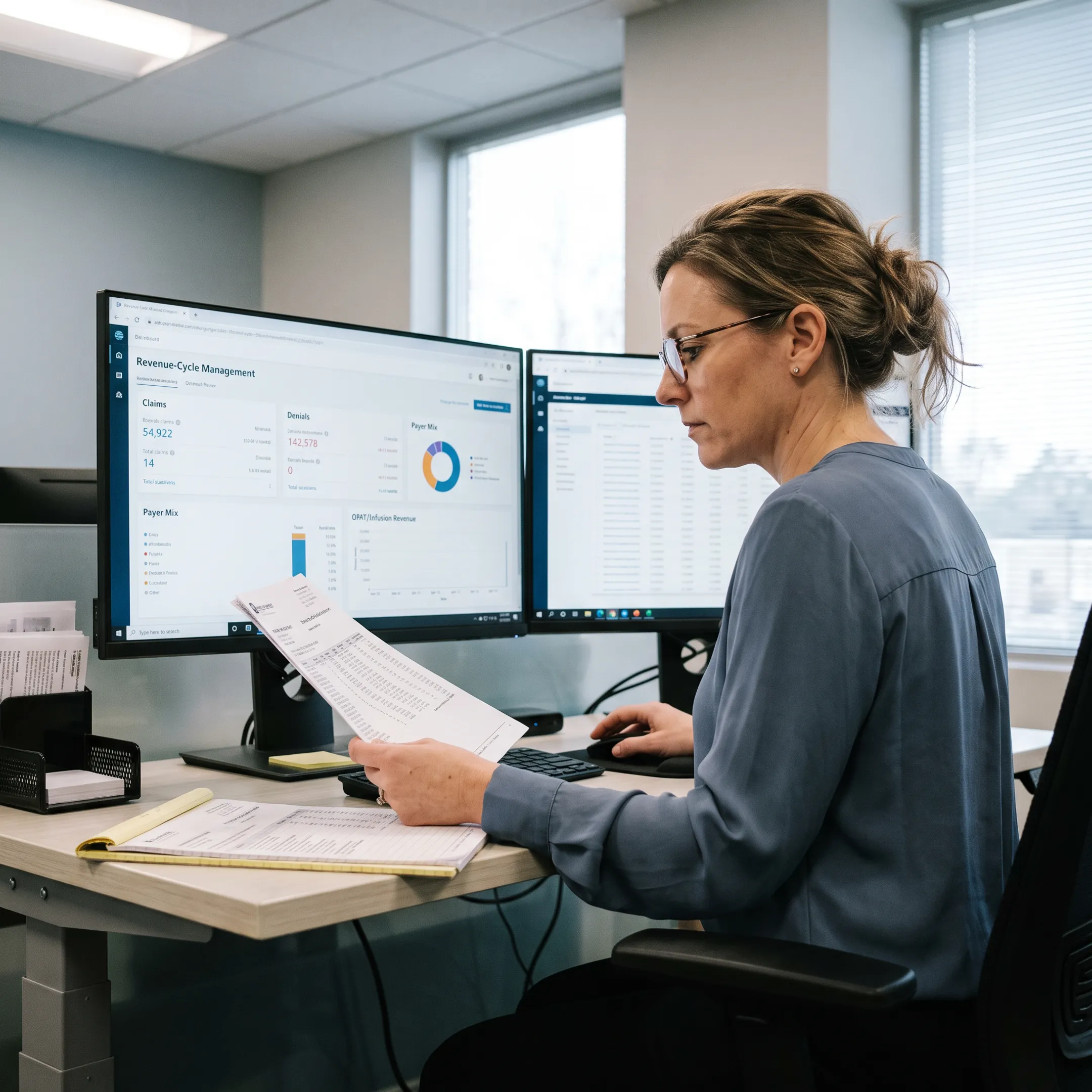 Infectious disease practice administrator reviewing billing and revenue-cycle reports