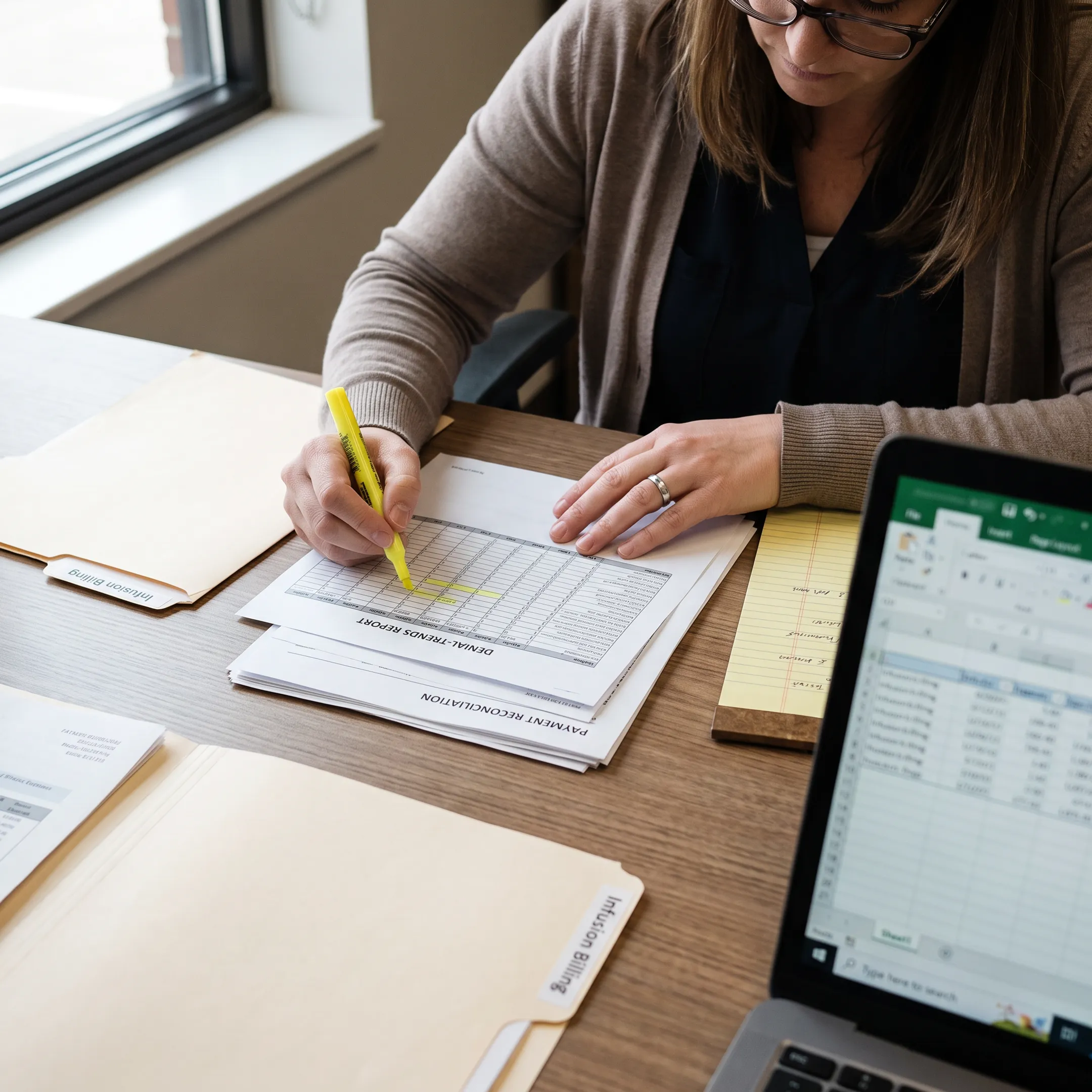 Specialist reviewing claims recovery reports for infectious disease billing