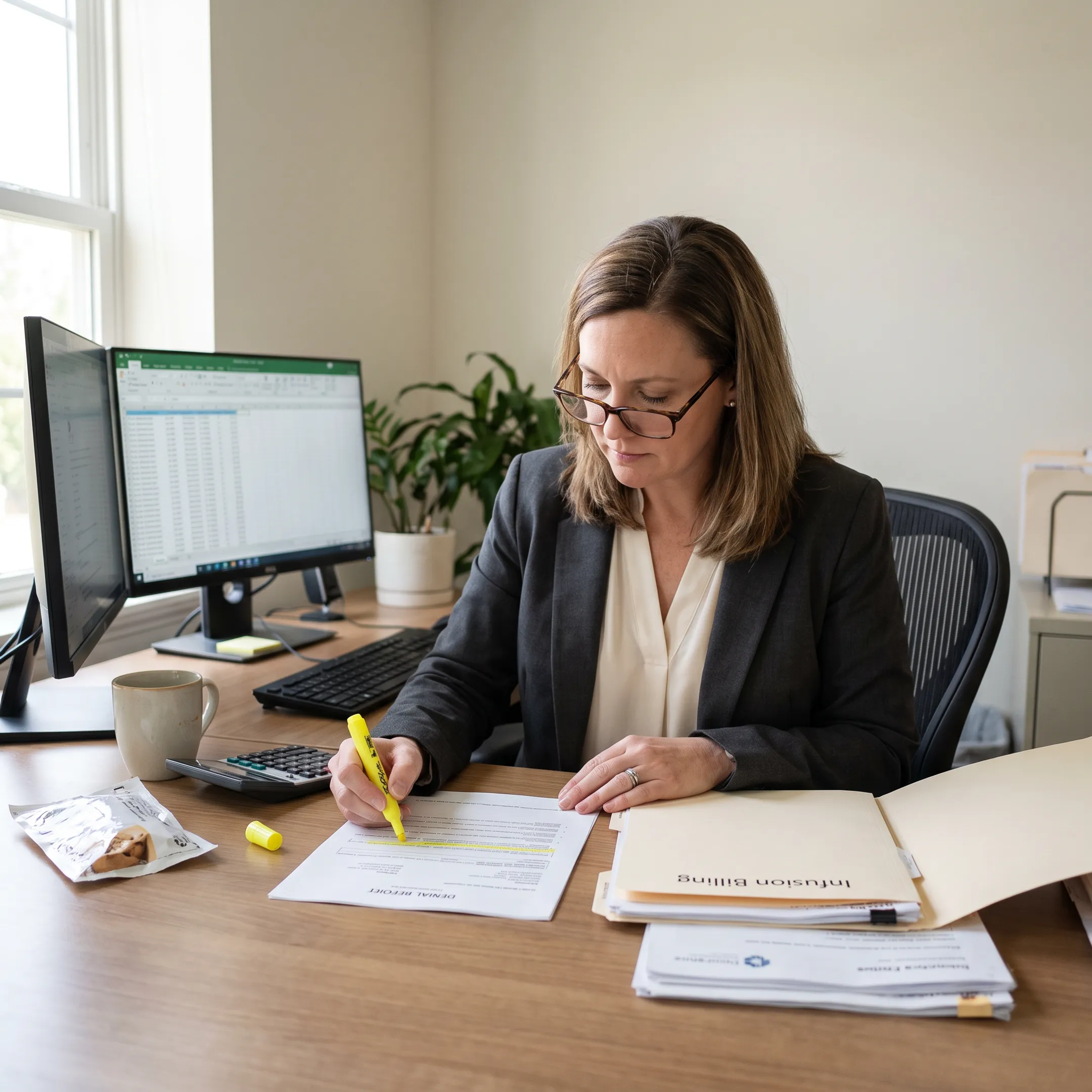 Specialist reviewing infectious disease practice claims and revenue-cycle reports