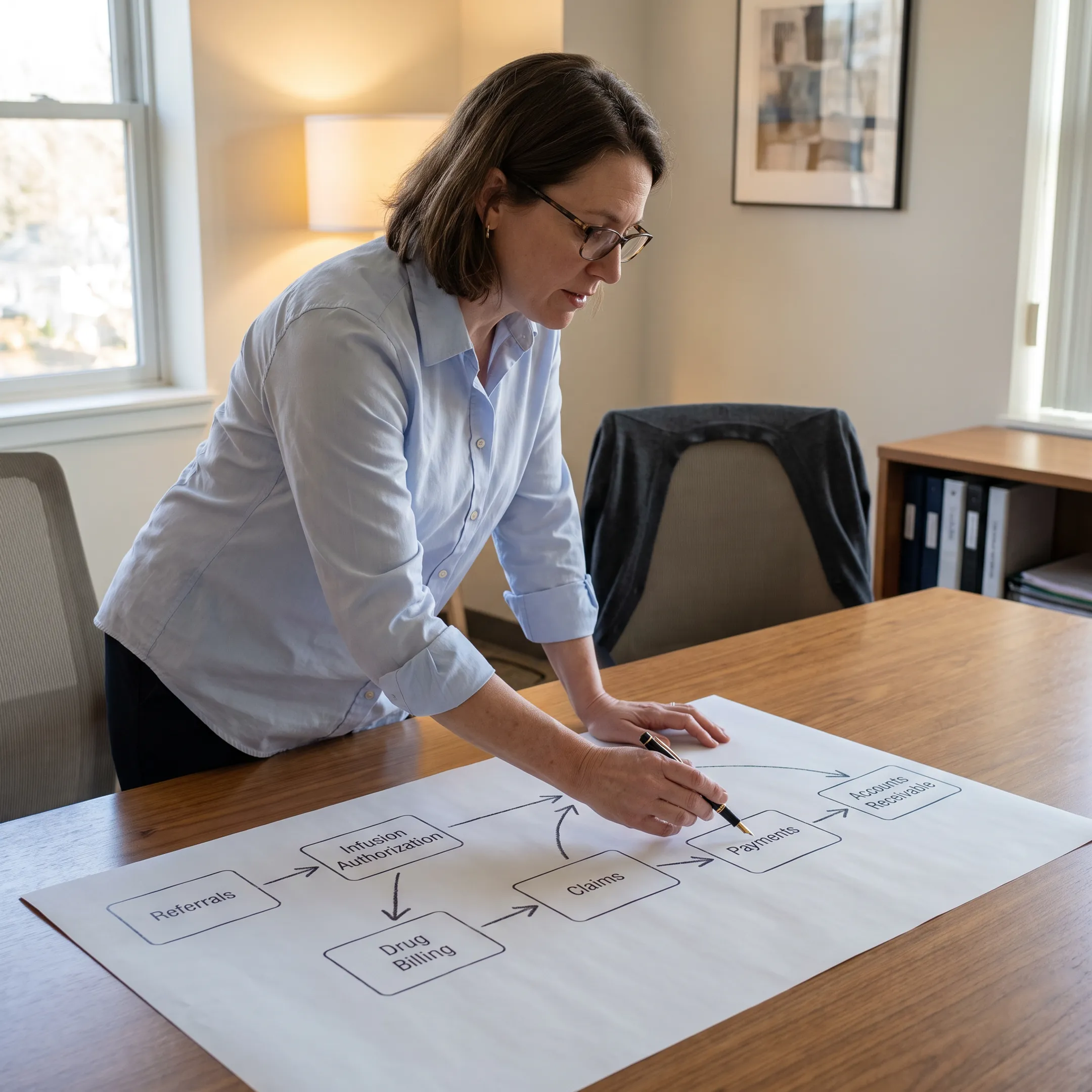 Infectious disease practice leader examining an infusion revenue cycle workflow
