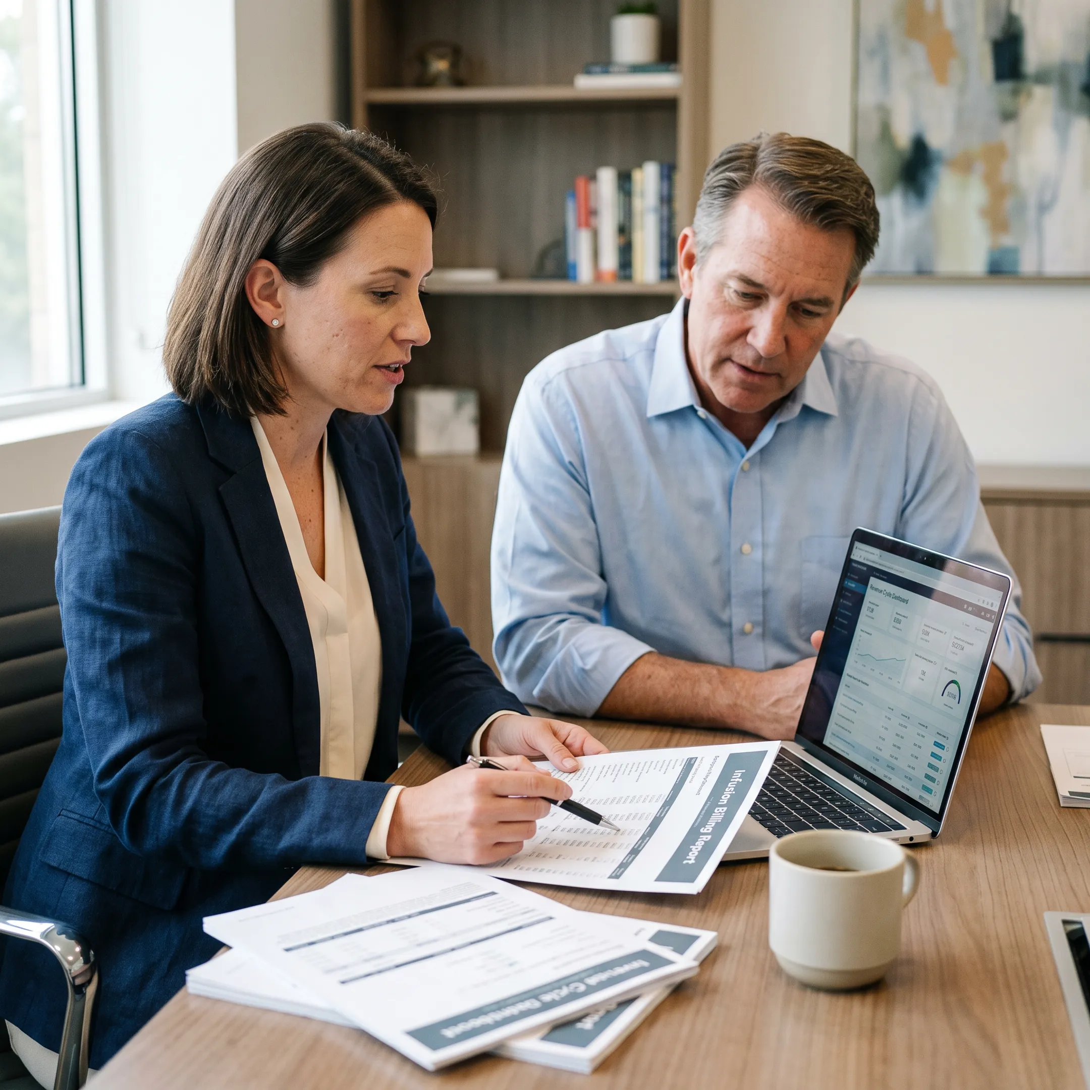 Consultant reviewing infectious disease infusion practice revenue reports with a medical practice administrator