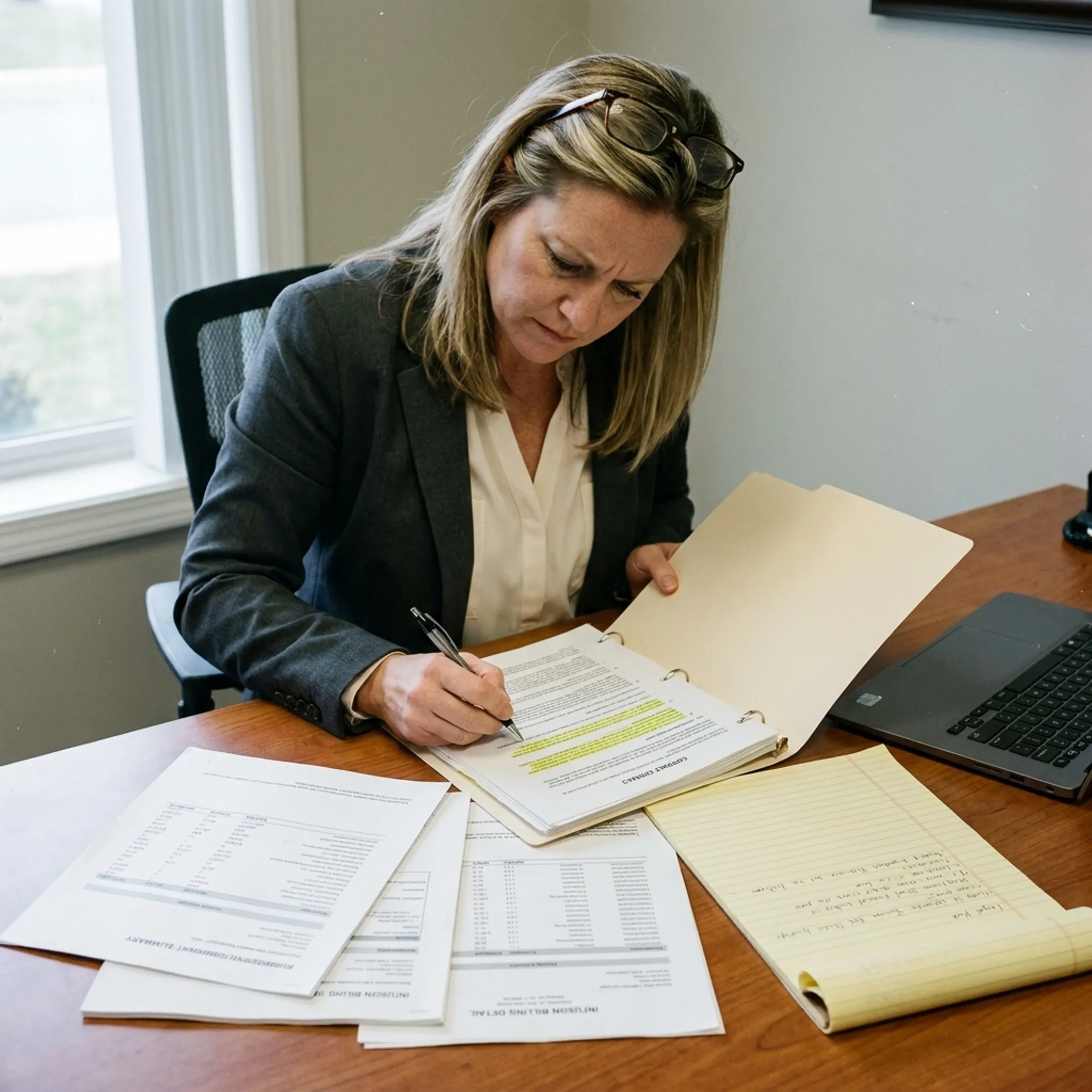 Infectious disease practice administrator reviewing payer contract documents and reimbursement analysis on a computer