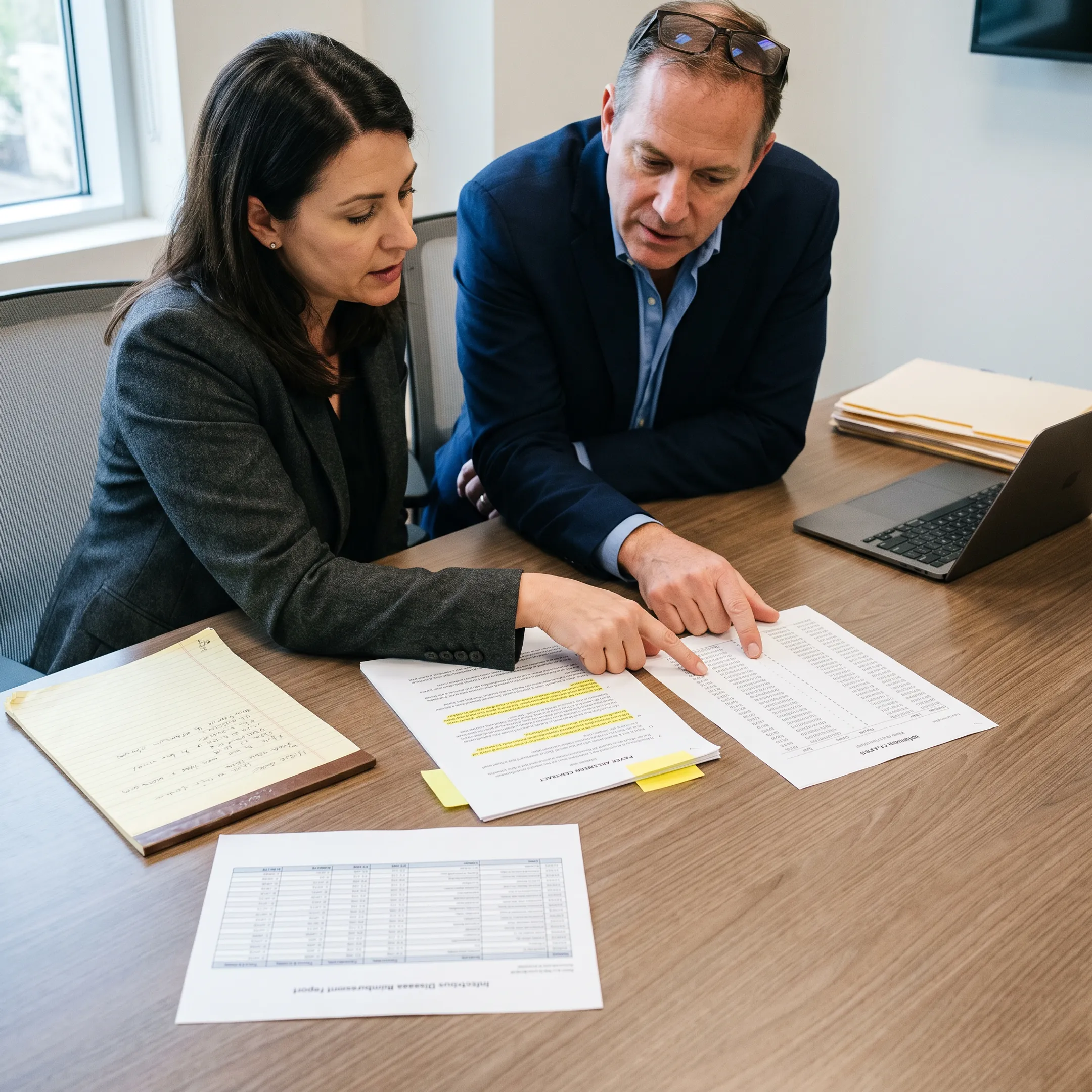 Healthcare leaders comparing payer agreement terms with infectious disease reimbursement reports