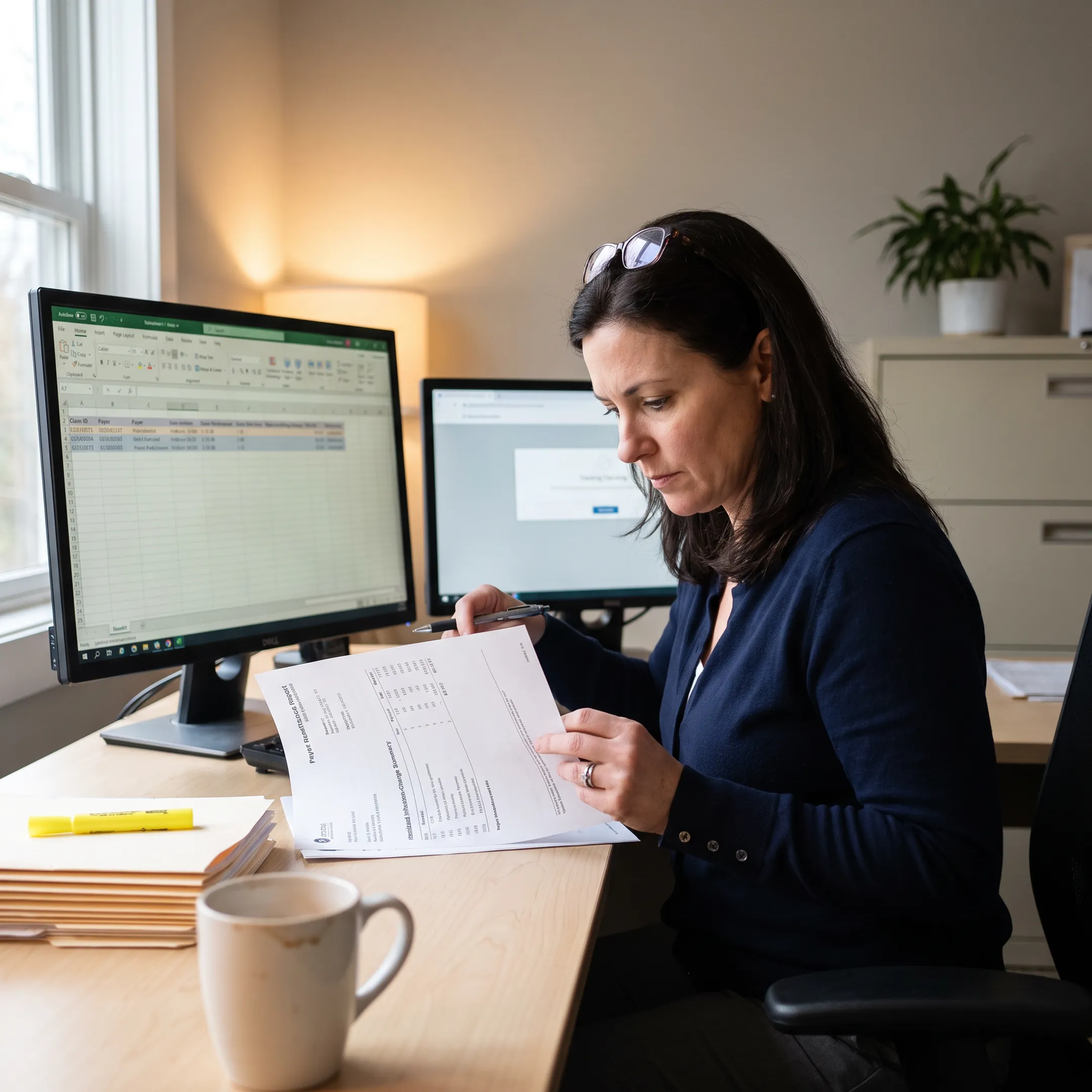 Medical billing specialist reviewing infectious disease practice claims and revenue reports