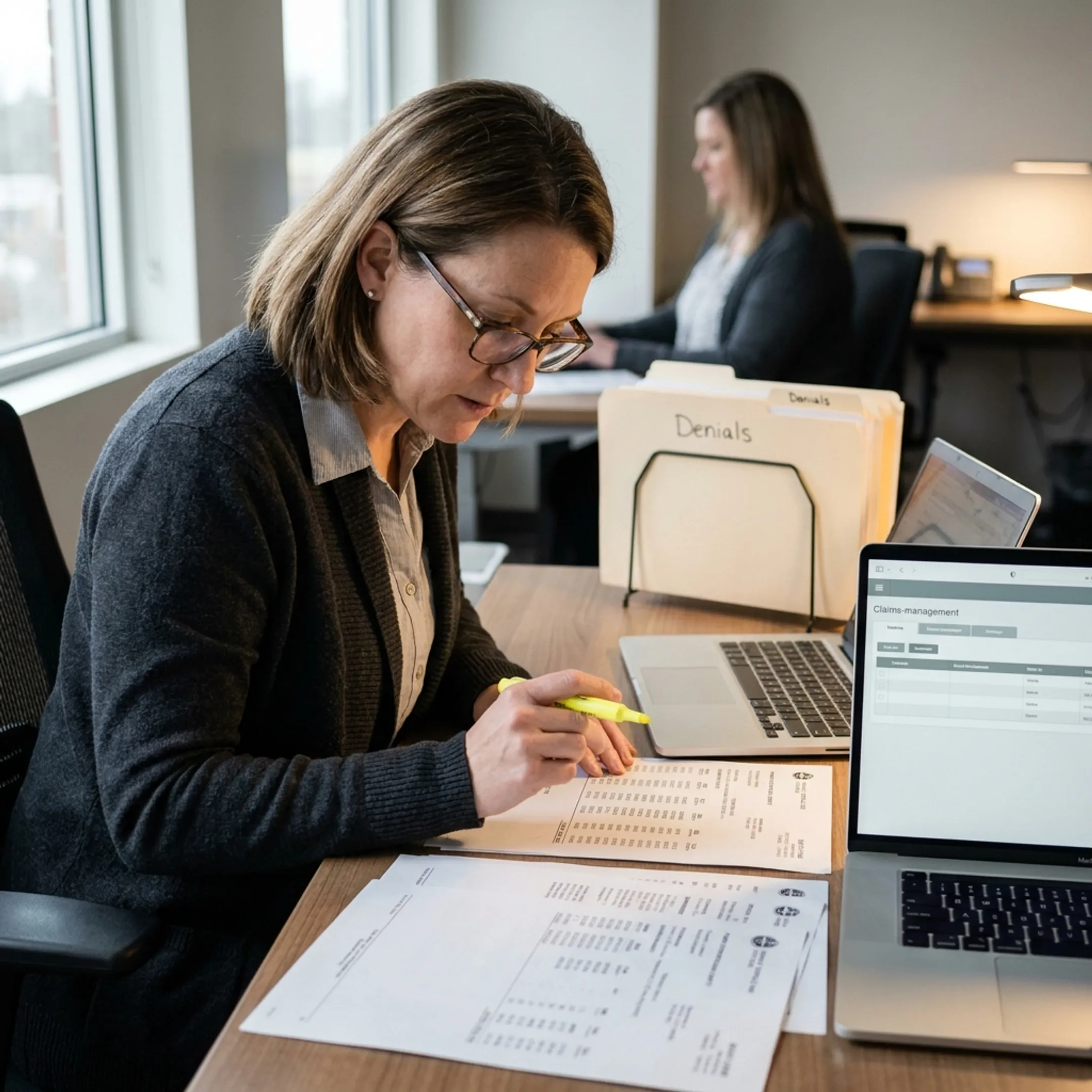 Medical billing specialist reviewing infectious disease claims, payment records, denial codes, and recovery notes on a computer