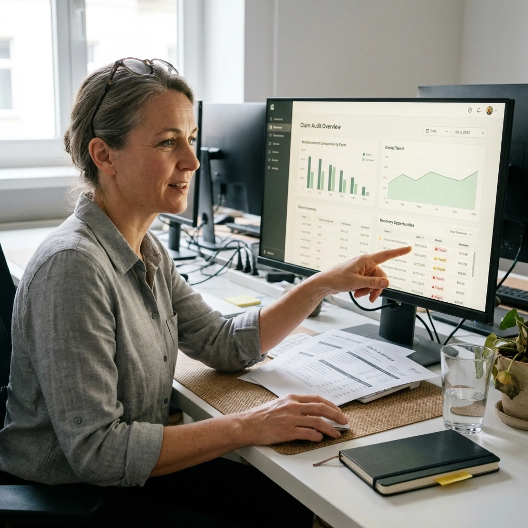 Revenue cycle professional examining claim audit findings and payment recovery opportunities for an infectious disease practice