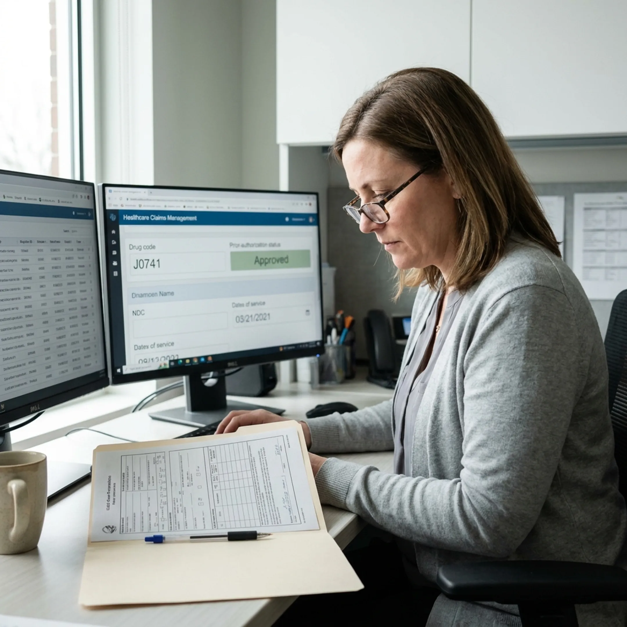 Healthcare administrator reviewing Apretude coding and HCPCS billing information on a computer