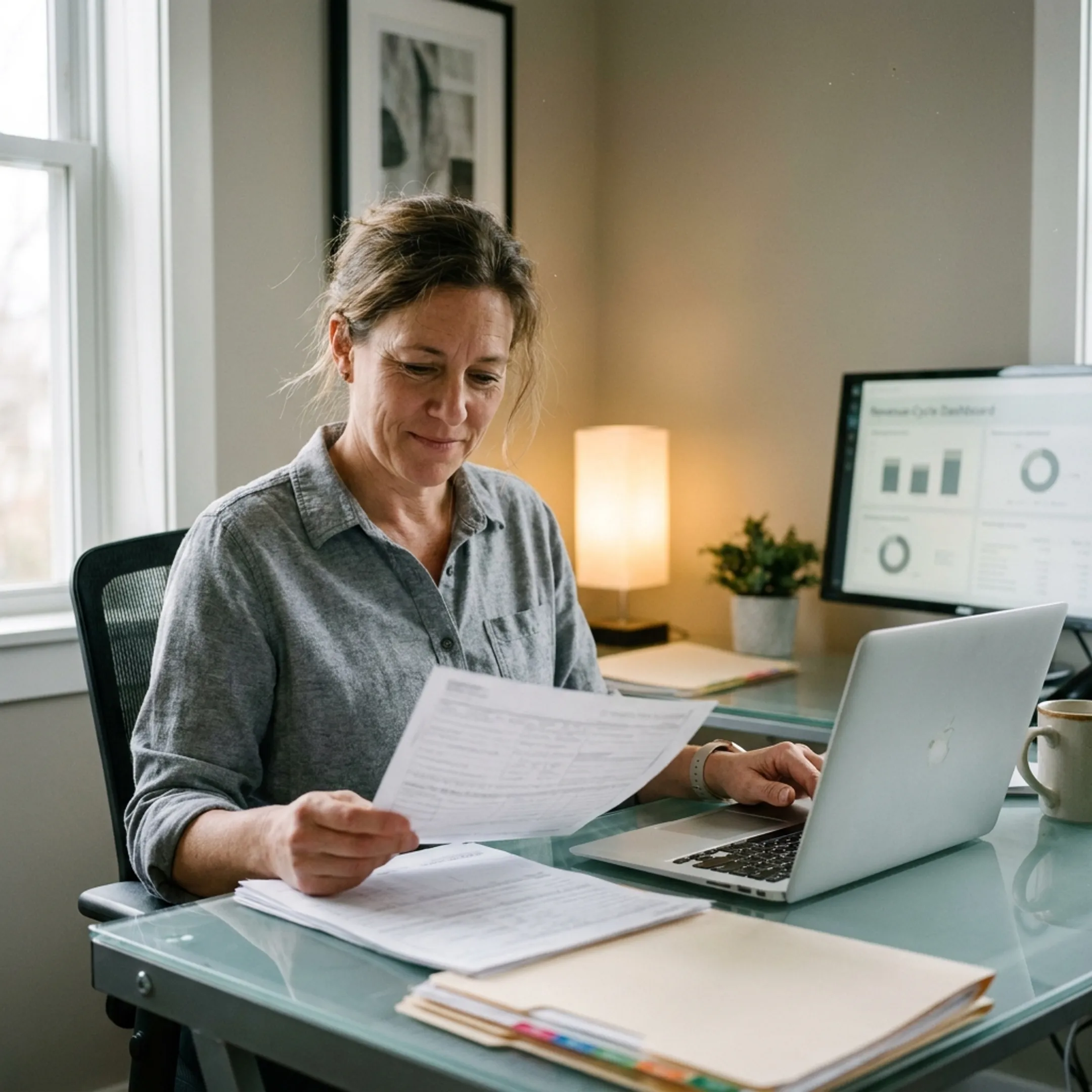 Medical billing specialist reviewing infectious disease practice claims and reimbursement reports