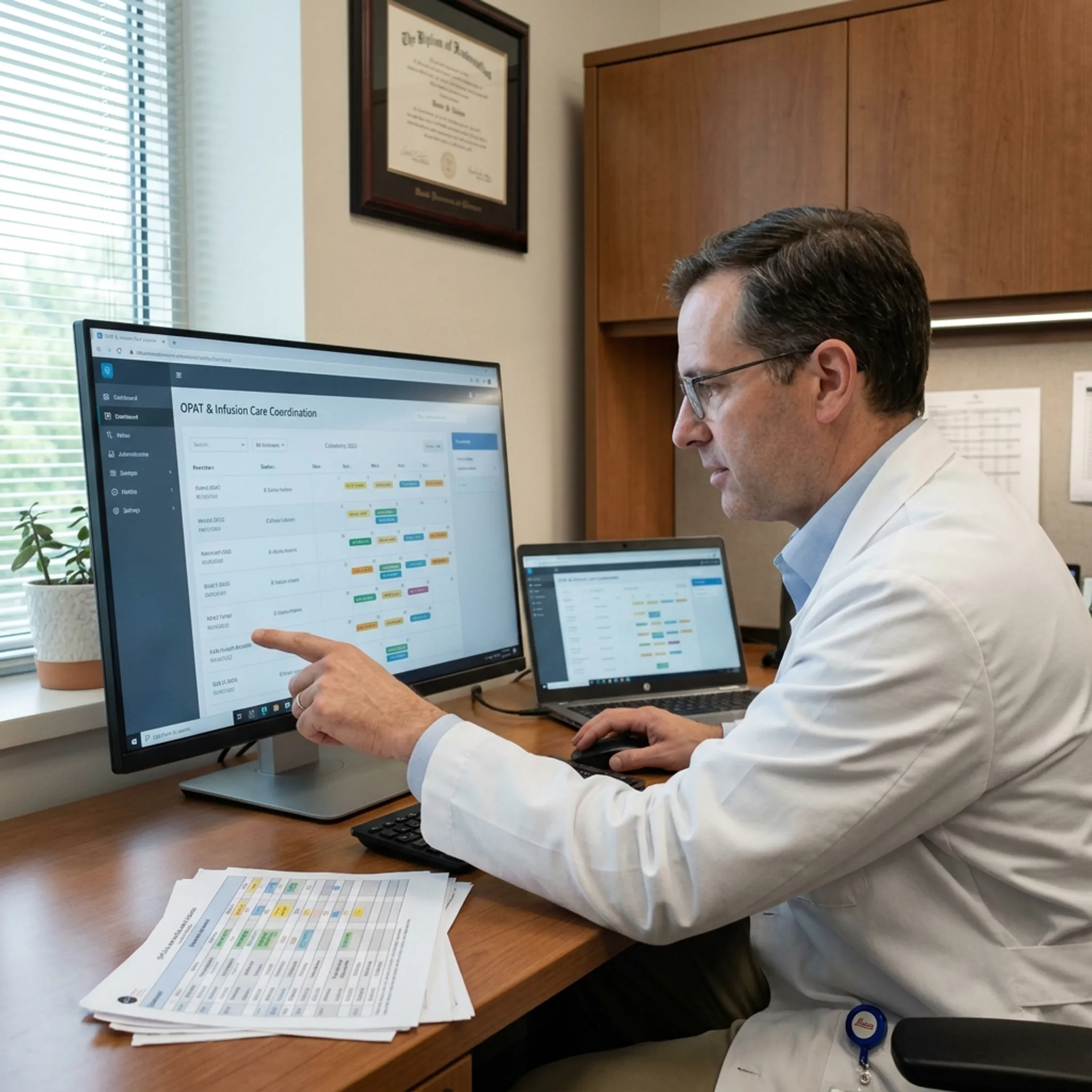Clinician reviewing an outpatient antimicrobial therapy plan with medical records