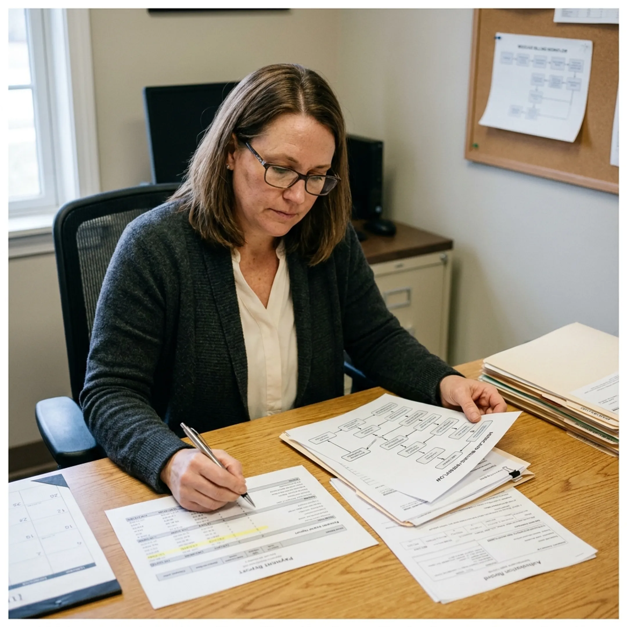 Infectious disease practice administrator examining billing workflow and Medicaid claim documents