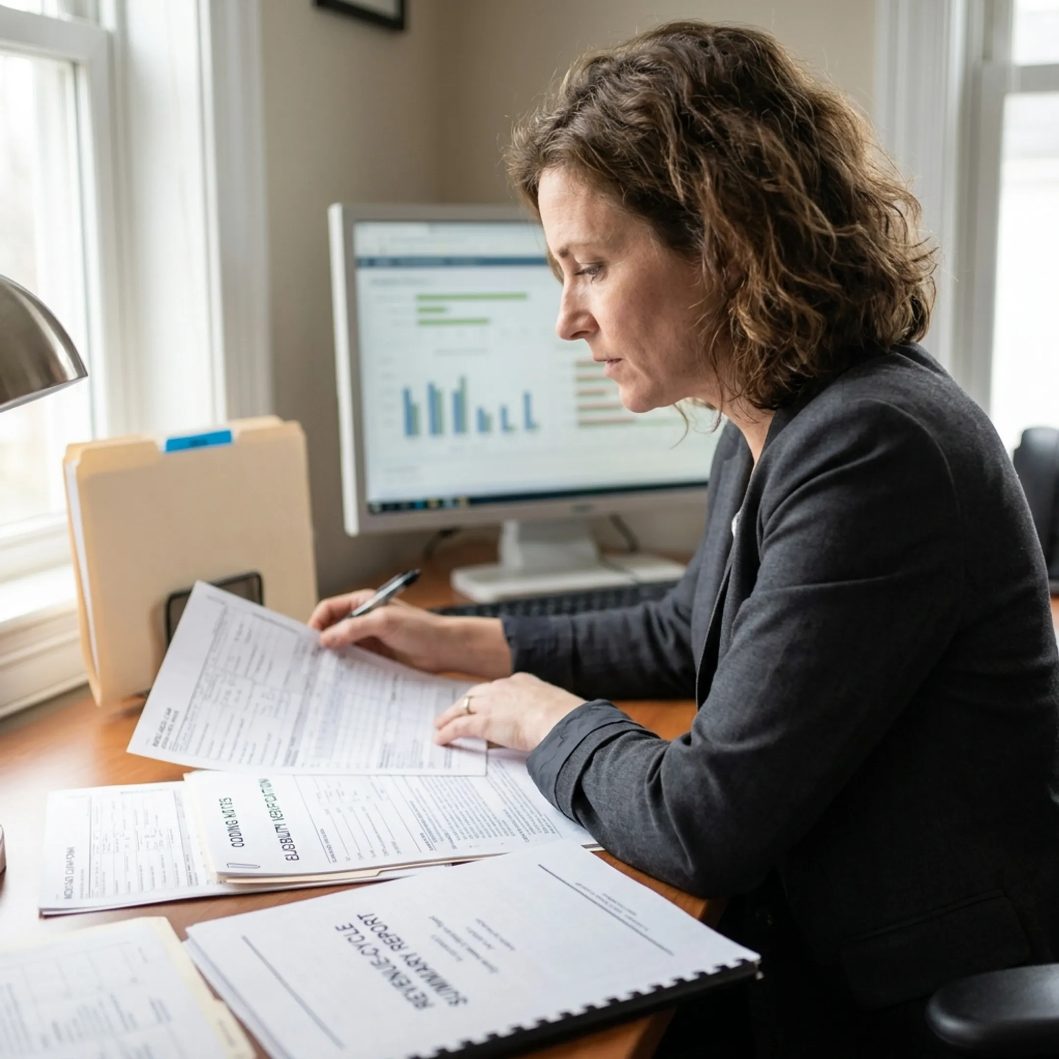 Healthcare administrator reviewing Medicaid claim coding and billing records at a desk