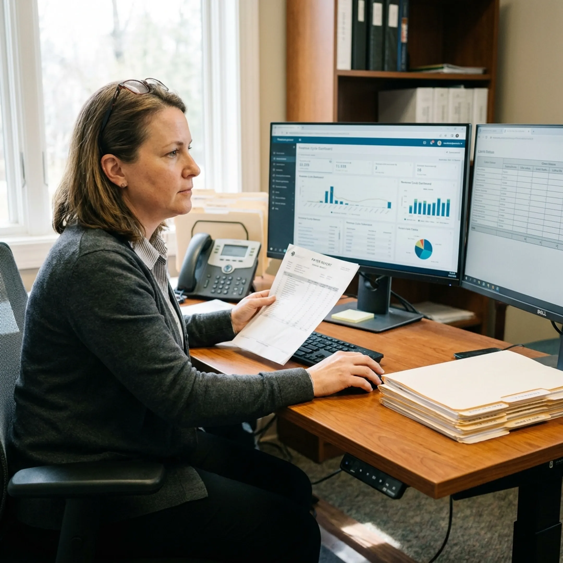 Medical billing specialist reviewing infectious disease practice claims and revenue cycle reports