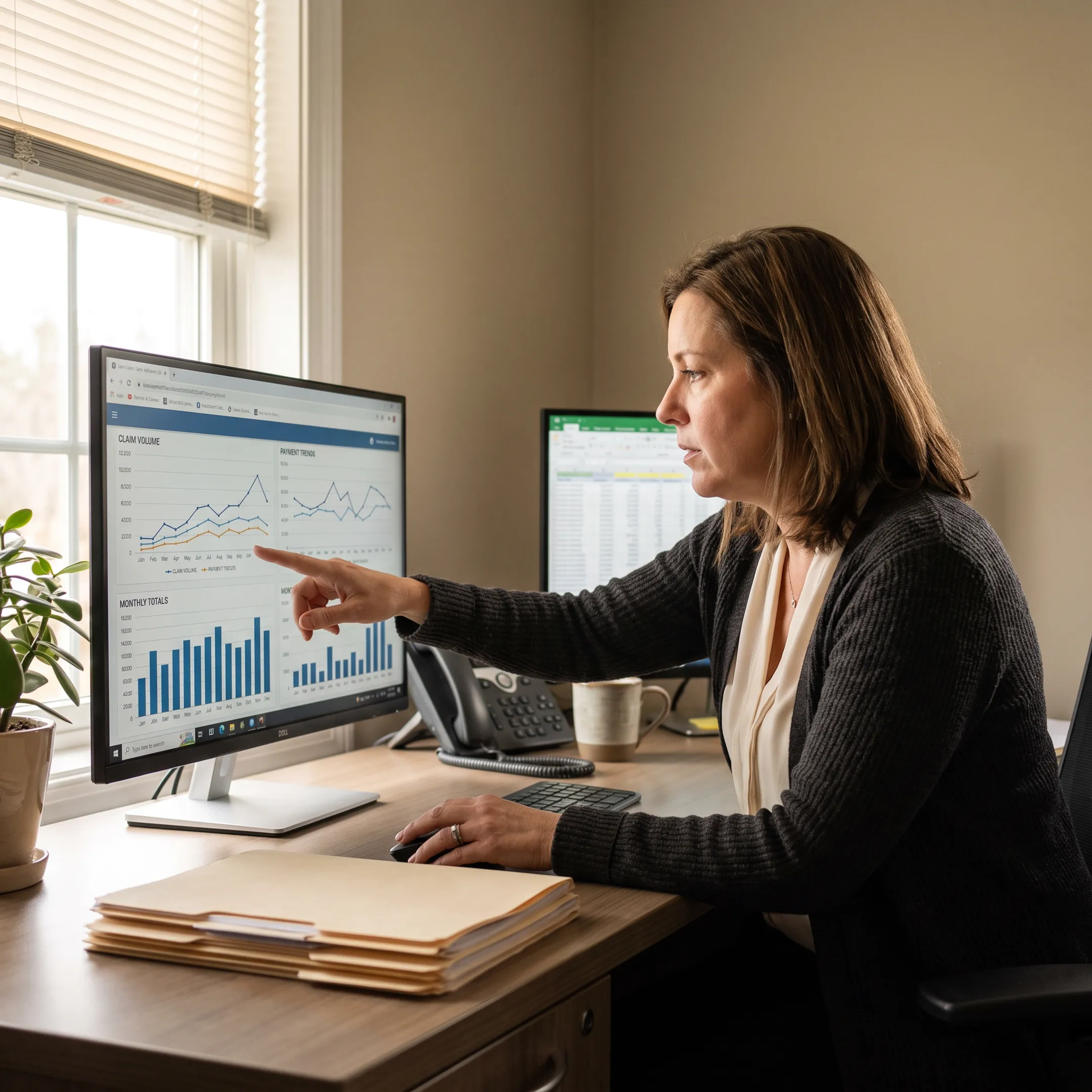 Medical billing performance dashboard reviewed by an infectious disease practice administrator