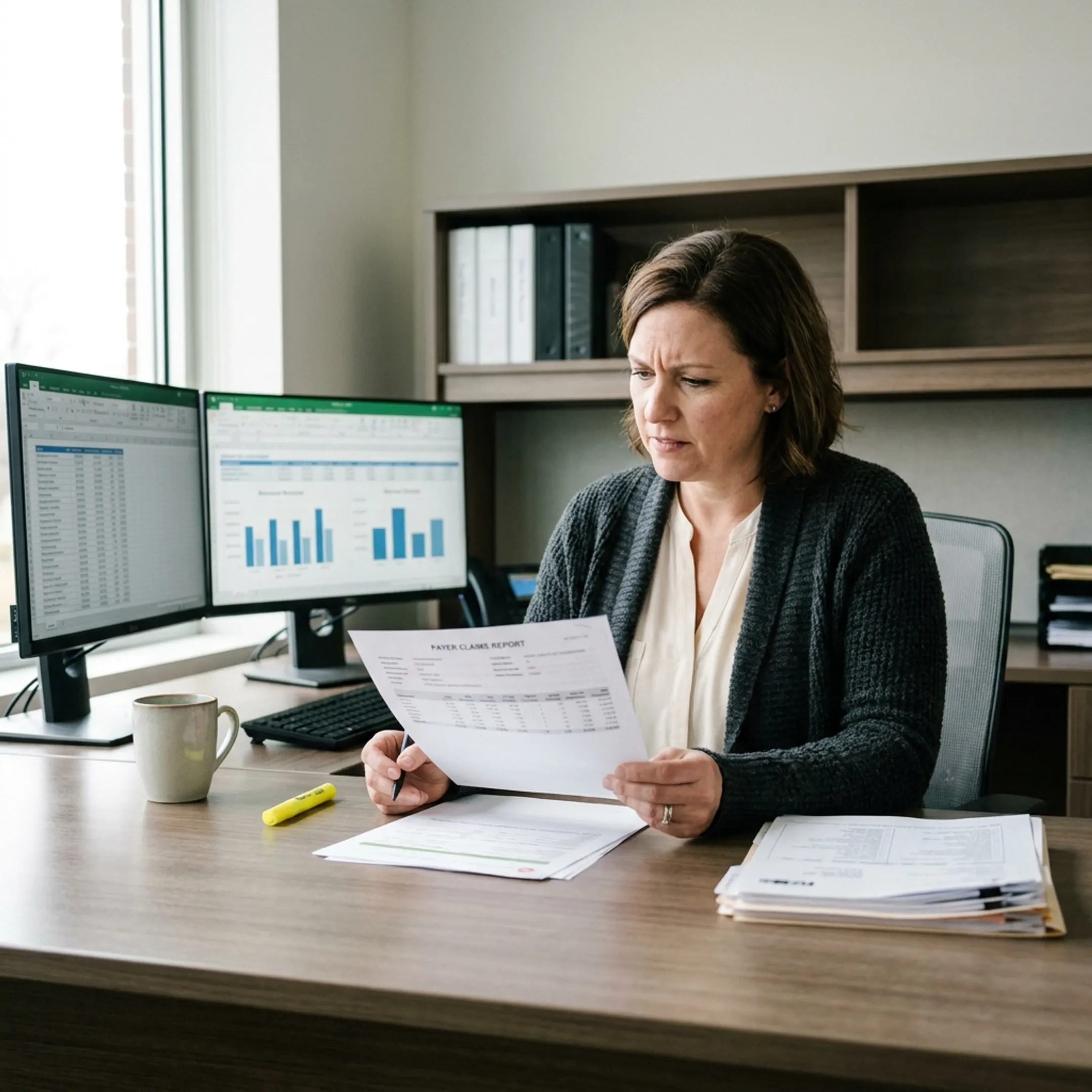 Medical billing specialist reviewing infectious disease practice claims and revenue reports in an office
