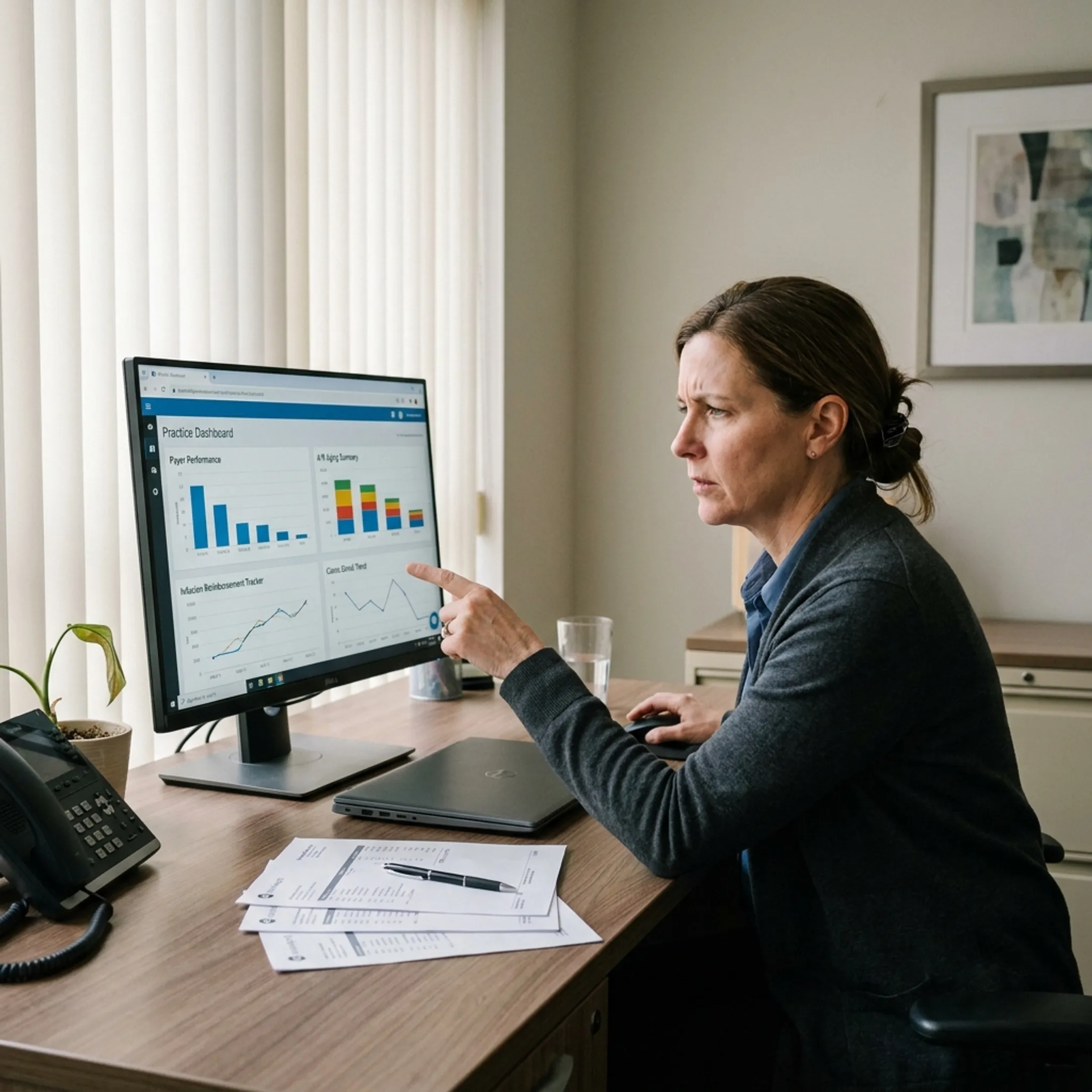Infectious disease practice administrator reviewing billing workflow and payer performance